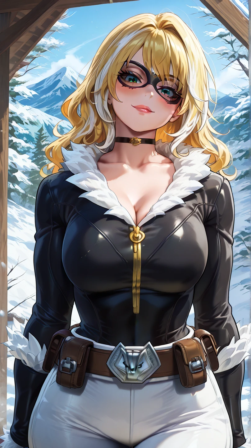(​masterpiece), (top-quality), sunset, natural lights, ,(realistic:1.5), 1girl, long blonde hair, curvaceous, looking at viewer, eye contact, stunningly beautiful 20 years old scandinavian girl, viking shieldmaiden, warrior, raider, detailed medieval village in background, sunset, snow, winter, natural lights, leather_armour, furs, viking_raider_armour, necklace, tattoos, Cleavage athletic body, large breasts, upper body, mid shot, masterpiece, detailed, mature, bright colors, high saturation, stunningly beautiful girl, dark blue eyes, dark blonde hair, , enchanted_beauty, precise hands, ferocious smile, smirk, confident look、arrogance, Clear eyes, Shining eyes,, ultra-definition, Top resolution,  soft lightning sultry look, seductive
