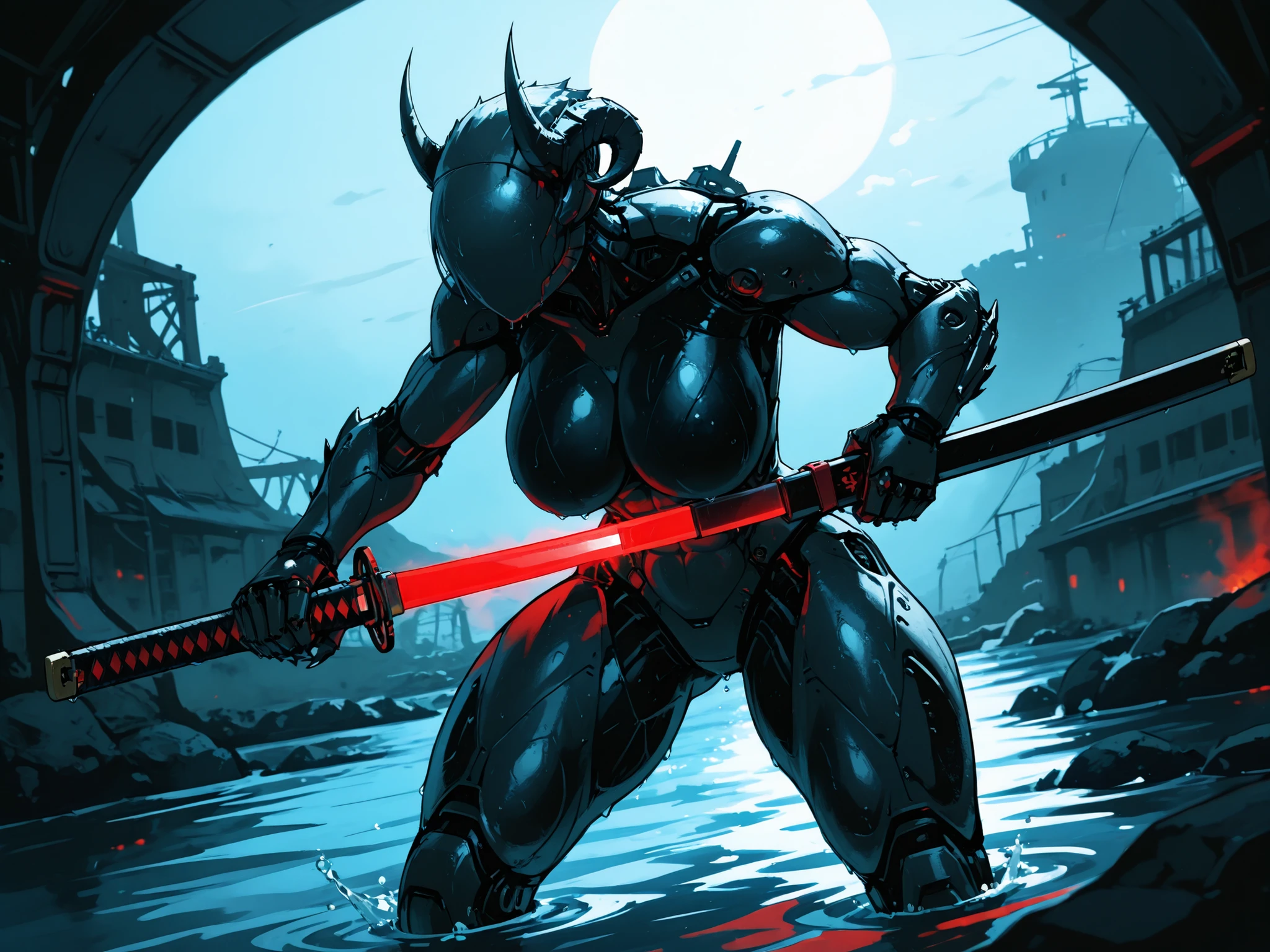 (anime coloring),(anime style),(masterpiece:1.2), (best quality:1.2), (very aesthetic:1.2), (absurdres:1.2), (detailed background:1.2),(newest),(highly detailed),(dynamic lighting), Deathclaw (fallout), 1girl, solo, (((eyeless))), android, (((smooth head))), marked jaw, huge jaw, horns, white plastic body, seamlines, mechanical, battle stance, combat, female focus, huge shoulders, huge arms, abs, massive breasts, wide hips, huge thighs, glowing water, dark pool, standing in water, wet body, soviet bunker setting, cinematic angle, cinematic pose, maximum facial details, maximum detailed textures, maximum detailed shadows, maximum detailed, unsheathing katana, sunrise stance