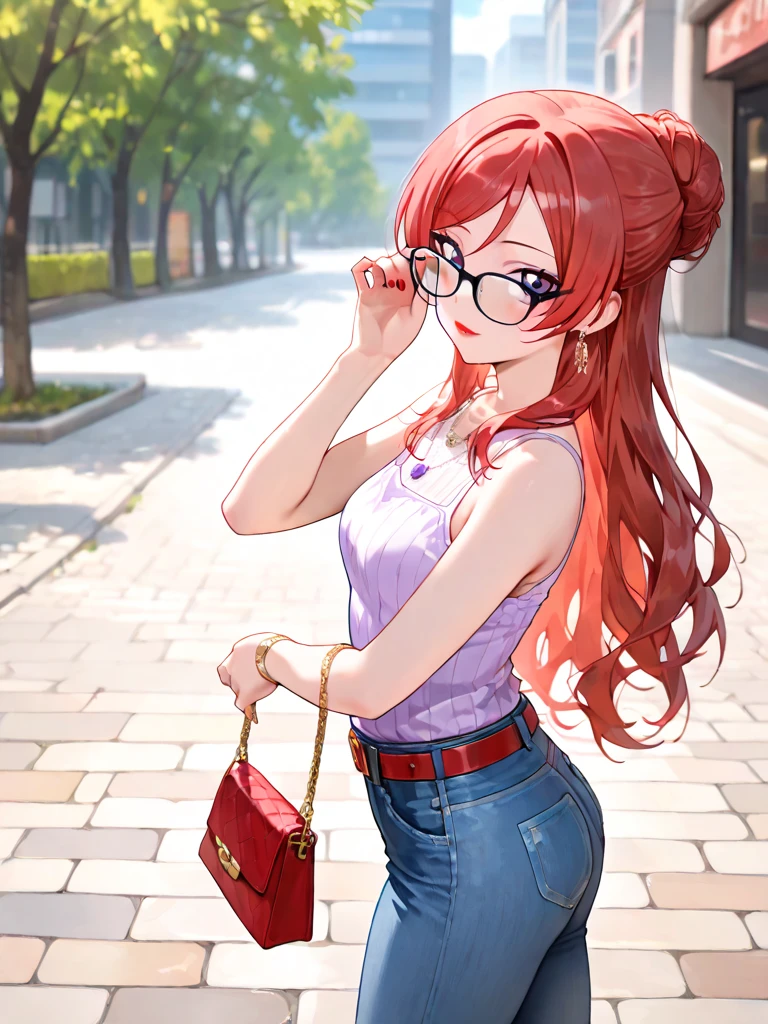 (masterpiece:1.2, Top quality),, Nice illustration, (Natural side Light, Light), 
Looking at the audience, 1 girl,Protruding nipples， wear glasses，Pink hair，White shirt clothes，jeans，Large Breasts，Sitting in the park pavilion