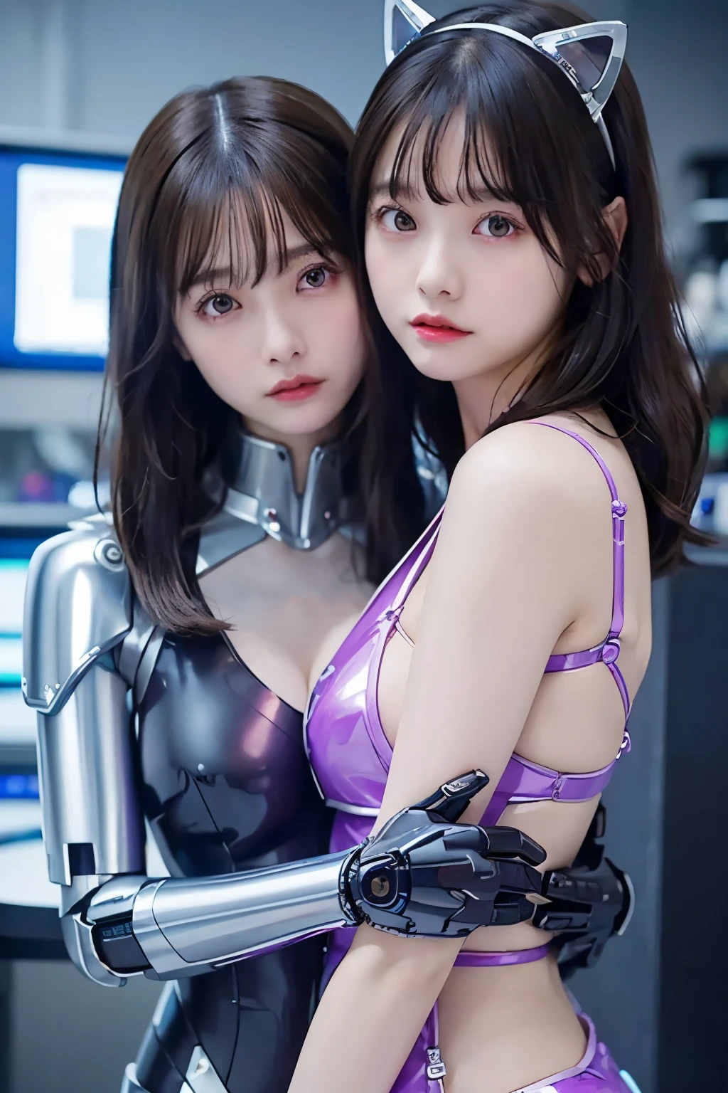 A girl with short bob, black hair, metal plates embedded under eyes, and mechanical forearms.

