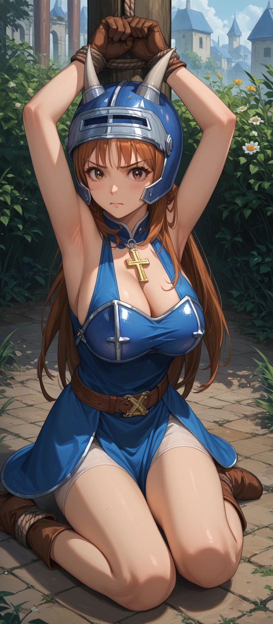 masterpiece, best quality, <lora:dmastraea-nvwls-v1-000009:0.9> dmastraea, white and blue dress, detached collar, bare shoulders, cleavage, long dress, detached sleeves, huge breasts, kneeling, from above, wincing, pained expression, forest