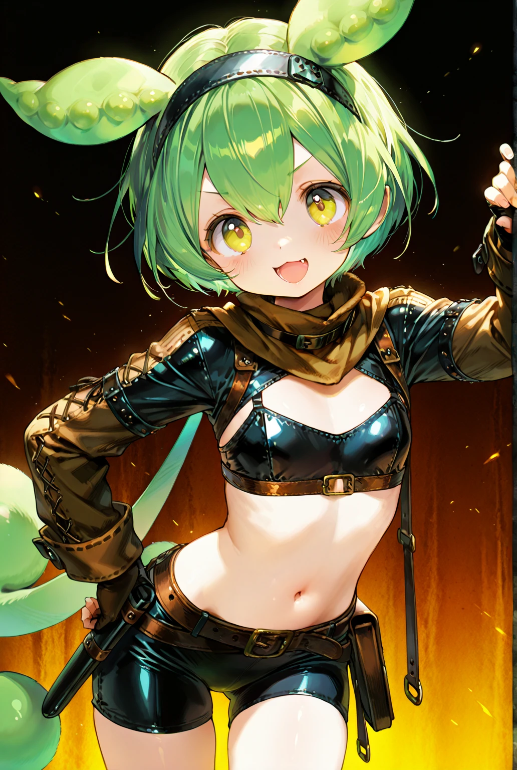 Black background with spotlight,mature elf １people((Dark Skin:1.5,Golden eyes:1.4,Bright green hair:1.3,Gal Style,big ,)), Leopard print underwear, big_chest,　Yellow Eyes,　Blue Skirt,　White jacket,Mini skirt