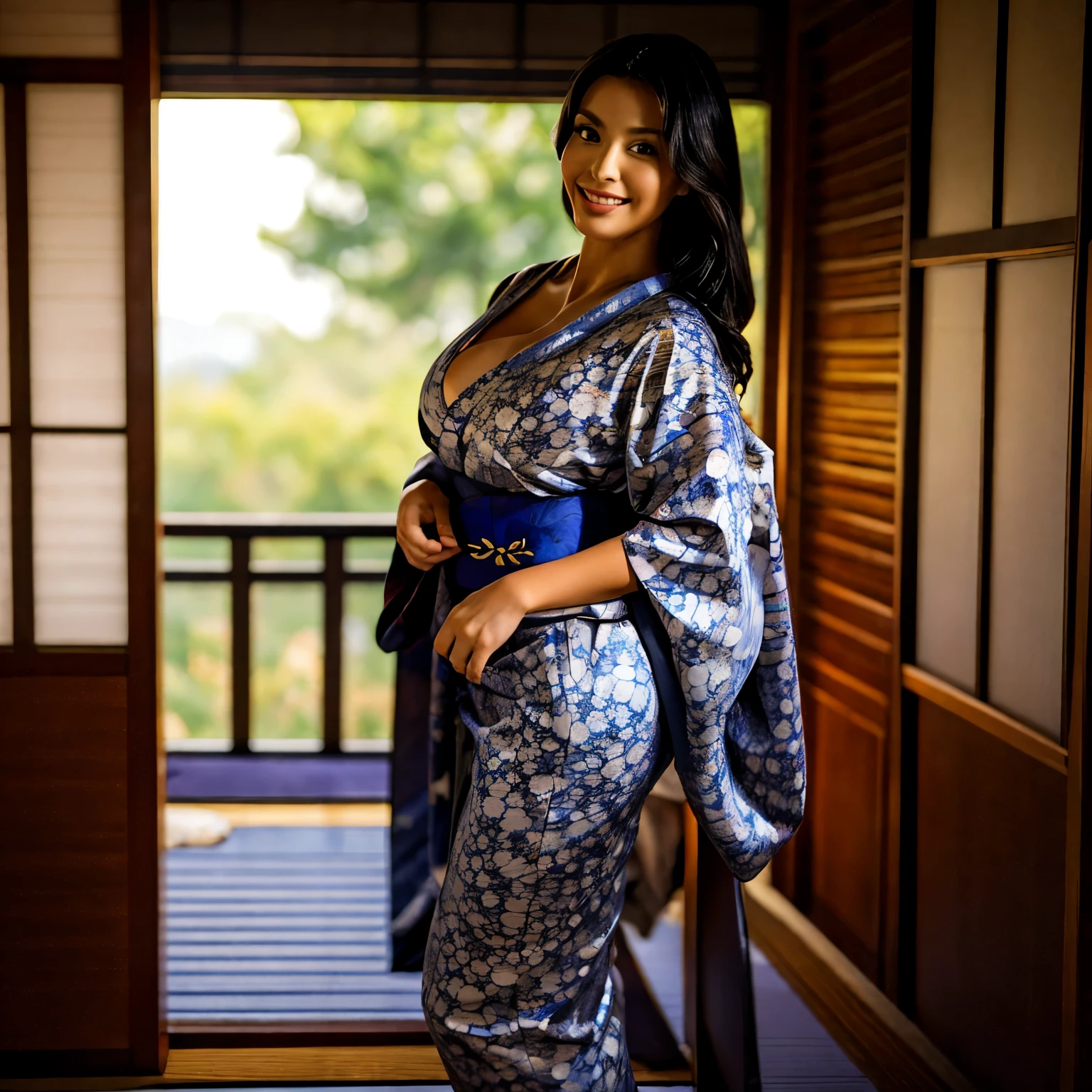 ((Evening night shop)), ((Wearing a yukata)), ((Huge: 1.2)), ((Quality: 8K, Big ass: 1.5)), ((Korean beauty)), ((Arasah: 35 years old)), (Emphasizing cleavage)), (Posing sitting on a bench)))),
