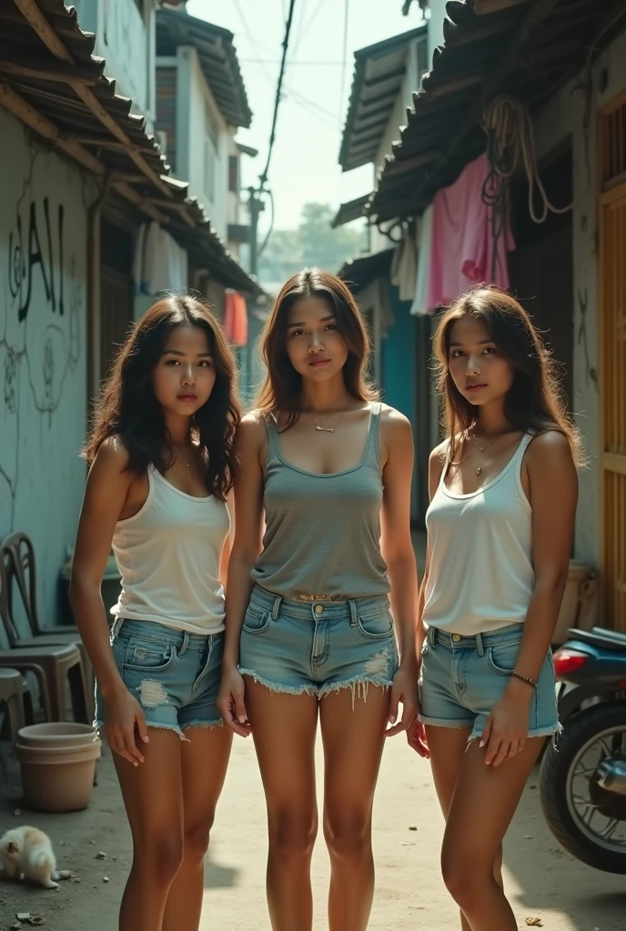 group of thai teens walking down the street in bankok on a sunny day in a bar district where thai bars abound, the group of young thai teen sex workers are dressed in super tight blue jeans and silk low cut colorful tight tops with their very large bulbous breasts forming deep cleavage and they look around searching for the many johns in the sex bar district of bankok, the young thais have pretty faces with lots of make-up and permed attractive long curly hair, several men are watching from bar entrances as the froup stroll down the street