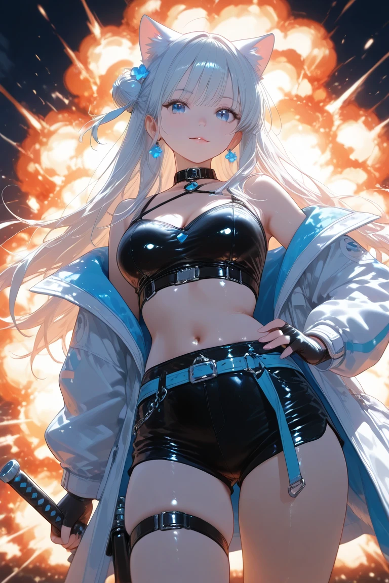 Adult woman, Long white hair, blue eyes, Smile, Red tight top, Huge-breasts, open belly, Combat pants, hands behind head, hiquality, 4k, HD, Good detail