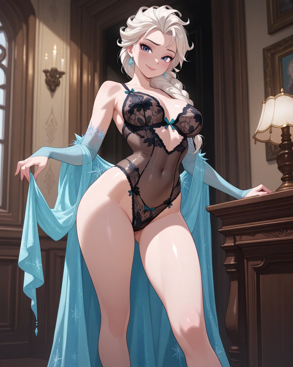 (better quality, centerpiece:1. 2), Ultra-detailed, belle femme douce, Elsa, la reine des neiges, Haut du corps, sur deux, Regarder le spectateur, cheveux blonds, porter une robe moulante très soignée bleu ,chain bleue; clivage, interior, Corps voluptueux, hanche large, Corps mûr, gros seins, nombril, Des yeux parfaits, very beautiful, pale skin, (Peaux caucasiennes à tétons gainés ouverticro soutien-gorge mouillé), (shaven , substance), dans la neige, 1fille dans、(Super Belle)、(visage magnifique:1.5)、A detailed face、Étoile KPOP、spreads legs、(gode:1.3)、(masturbation:1)、(Vestes et minijupes cool:1.1)、culotte blanche、talons hauts、Concert stage、(Chez nSFW:1.5)