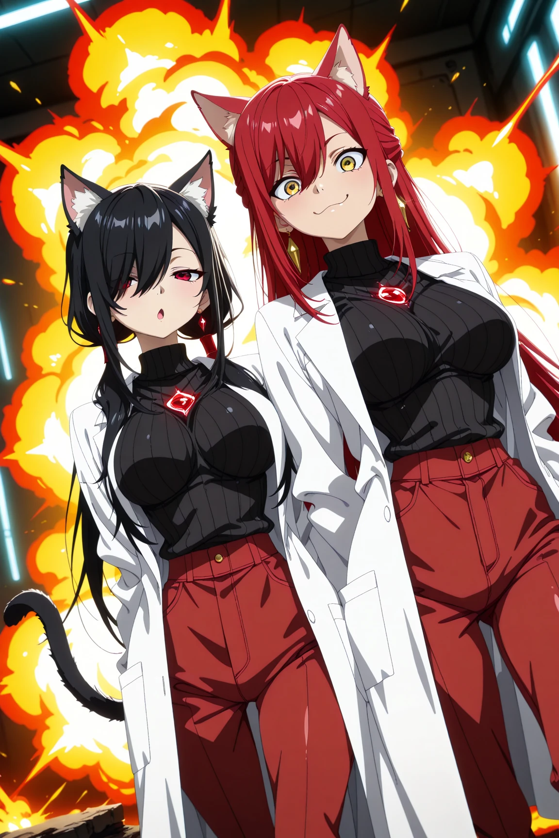 anime screencap, (masterpiece, best quality), amazing quality, very aesthetic, absurdres, highres, HDR, 8K, scenery, depth of field, extremely detailed face and eyes, cinematic, professional lighting, dynamic angle, dutch angle, foreshortening, duo focus, ((2girls, multiple girls, side by side, dynamic pose)), beautiful big eyes, animal ears, cat ears, tail, earrings, lab coat, black sweater, ribbed sweater, pants, sweat, !?, panicked expression, surprised, smug, proud, chemical explosion, laboratory,
BREAK
[1girl, Kuroki Monika, red eyes, hair over right eye, black hair, very long hair, low ponytail, medium , petite:10]
BREAK
[1girl, Ryu Shana, golden eyes, hair between eyes, red hair, very long hair, ponytail, long sidelocks, medium , petite:20],