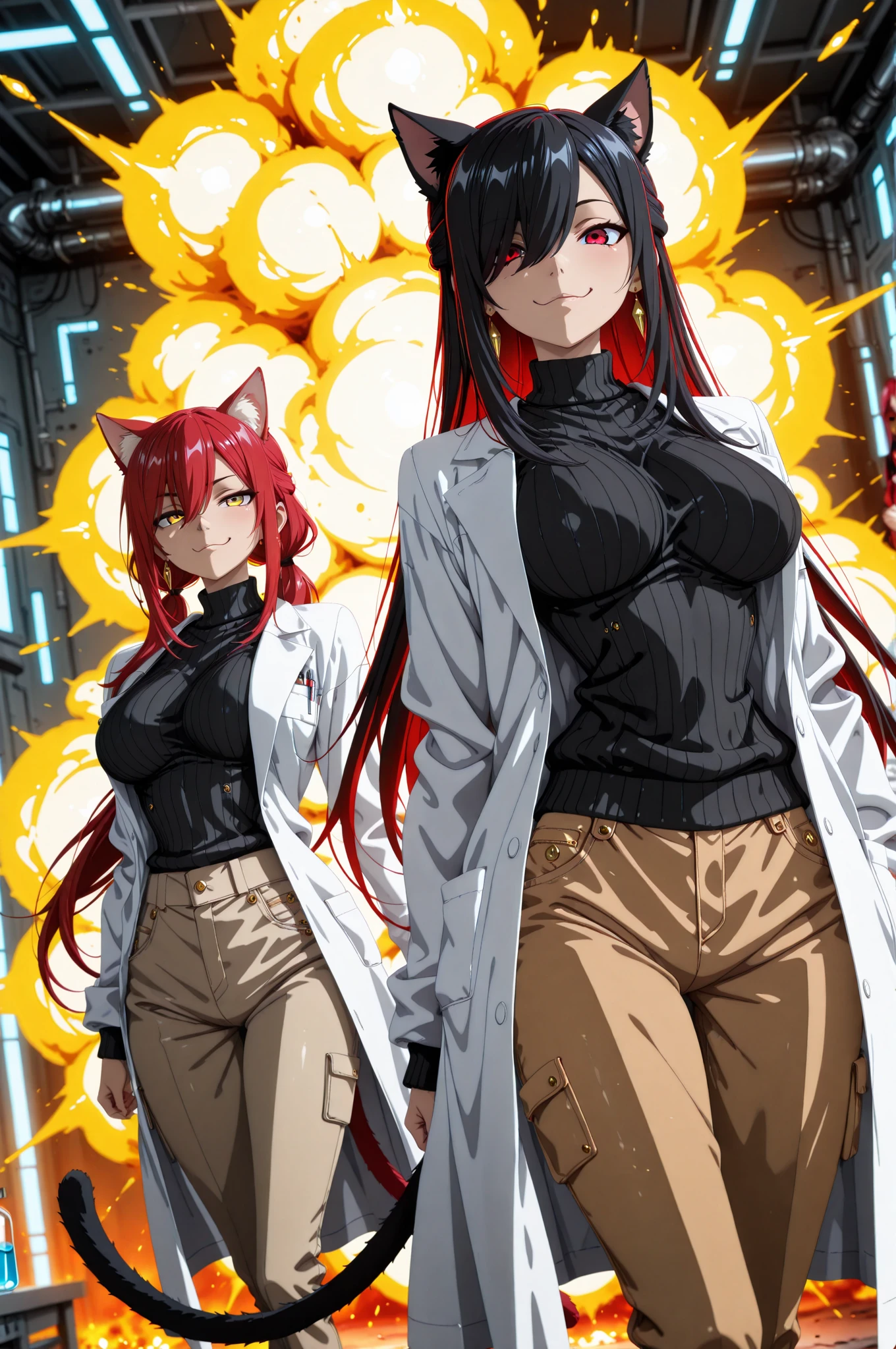 anime screencap, (masterpiece, best quality), amazing quality, very aesthetic, absurdres, highres, HDR, 8K, scenery, depth of field, extremely detailed face and eyes, cinematic, professional lighting, dynamic angle, dutch angle, foreshortening, duo focus, ((2girls, multiple girls, side by side, dynamic pose)), beautiful big eyes, animal ears, cat ears, tail, earrings, lab coat, black sweater, ribbed sweater, pants, sweat, !?, panicked expression, surprised, smug, proud, chemical explosion, laboratory,
BREAK
[1girl, Kuroki Monika, red eyes, hair over right eye, black hair, very long hair, low ponytail, medium , petite:10]
BREAK
[1girl, Ryu Shana, golden eyes, hair between eyes, red hair, very long hair, ponytail, long sidelocks, medium , petite:20],