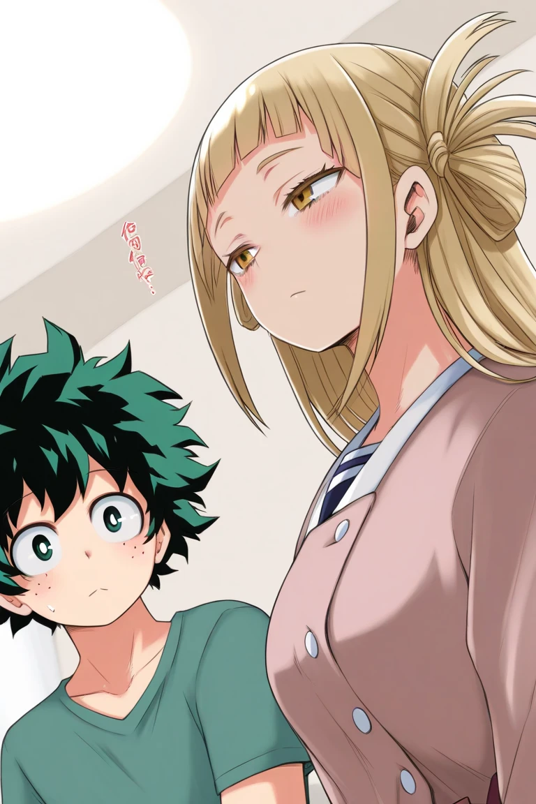 My hero academia, tall, hourglass figured girl with extremely long yellow messy hair and bright blue eyes with Midoriya Izuku, romantic relationship, nsfw