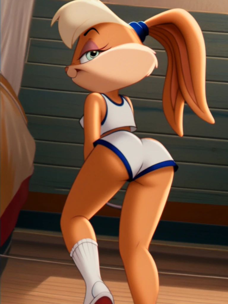 lolabunny, 1girl, solo, furry female, rabbit ears, rabbit girl, animal nose, buck teeth,smile, blue eyes, ,looking at viewer, indoors, score_9, score_8_up, score_7_up, score_6_up, score_5_up, score_4_up (red bikini, hands in the hips)), kneeling, huge ass, looking back, white background, huge hips, high leg thong