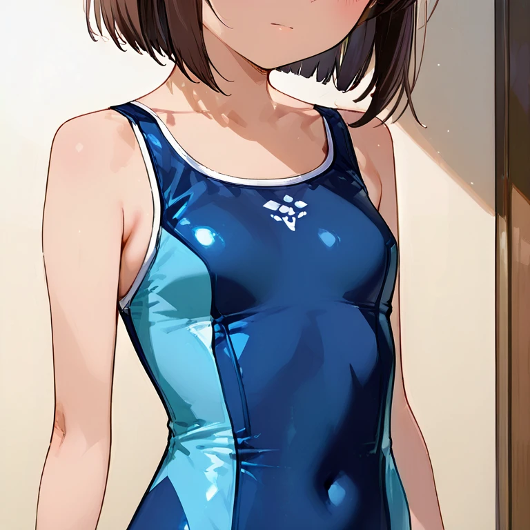 Elementary school classroom in the Showa era,smile,Are standing,Put your hands behind your back,close your eyes,1 ,Two-block shorthair,Black Hair,blush,Navy School Swimsuit,White skin,summer,From below,shy,Sweat,Grin,Wet,