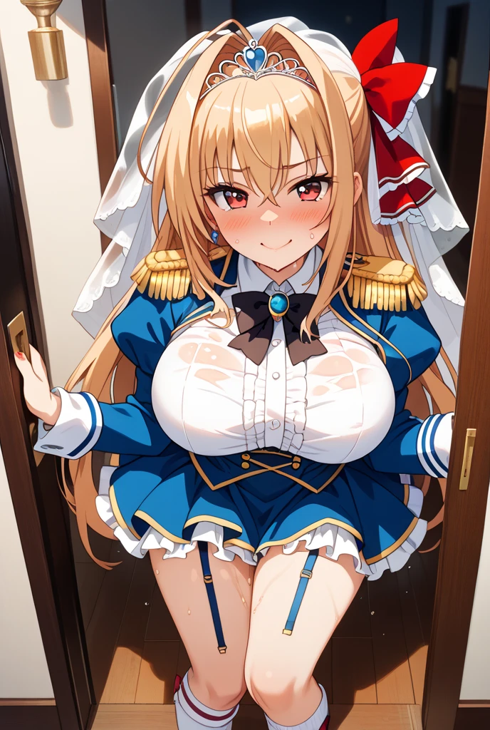 ((a boy grabbing another's breast))((Wearing a skirt))最高masterpiece、8k、4K、Anatomically correct face、Anatomically correct eye、Round eyes、Correctly shaped eyes、Beautiful eyes、Sister Style、clergyman、Priestess、Priestess、Long skirt、Realistic breast size、、hair(semi-long)、Removed sleeve、、hairの色(blonde)、Red cheeks、Frowning、Embarrassing、、Blue and white outfit、Clothing color((White and blue))、topless、Breast milk、Genital massage by hand、Black knee socks、White long boots、Ribbon on chest、limbsを綺麗に描く、limbs(masterpiece)、Body image(masterpiece)、Sweaty、Great breasts、church、Sacred Places、Sanctuary、Sacred Places、A sense of guilt、Spread your legs、Sitting on the pulpit、ticklish、Panty shot、Touching the genitals、For show、Being humiliated、Pay attention to your body balance、最高masterpieceの体、Anatomically correct body、nipple slip from bra、grabbing from behind、Character portrait、Expression - Embarrassed、blush、Tears come to my eyes、looking at the camera、Massage、