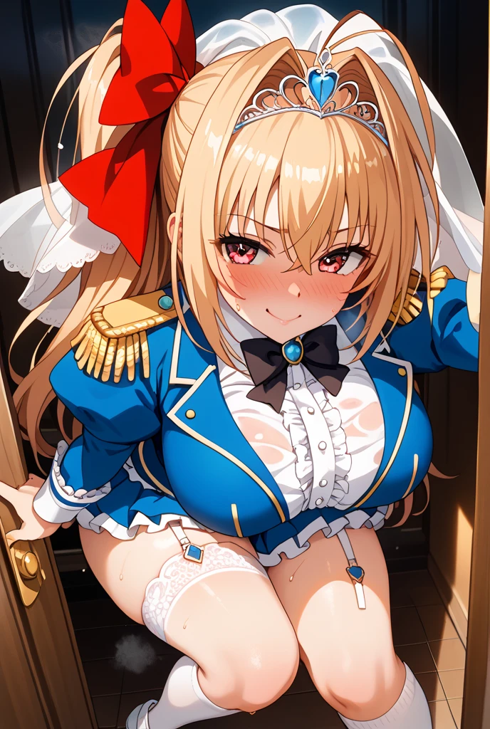 1girl, solo, 
((8k, RAW photo, highest quality, masterpiece), High detail RAW color photo professional close-up photo, (realistic, photo realism:1. 37), (highest quality), (best shadow), (best illustration), very detailed face, Masterpiece, best quality, yukka uniform, Yukka Ende, (blush, embarrassed), red dirndle, red silk hat, woody bedroom, window, blue sky, daylight, red small hair bows, blue eyes, red skirt, realistic white , crotch seam, Cameltoe, open mouth, sitting on bed, loli, k up, hugging legs