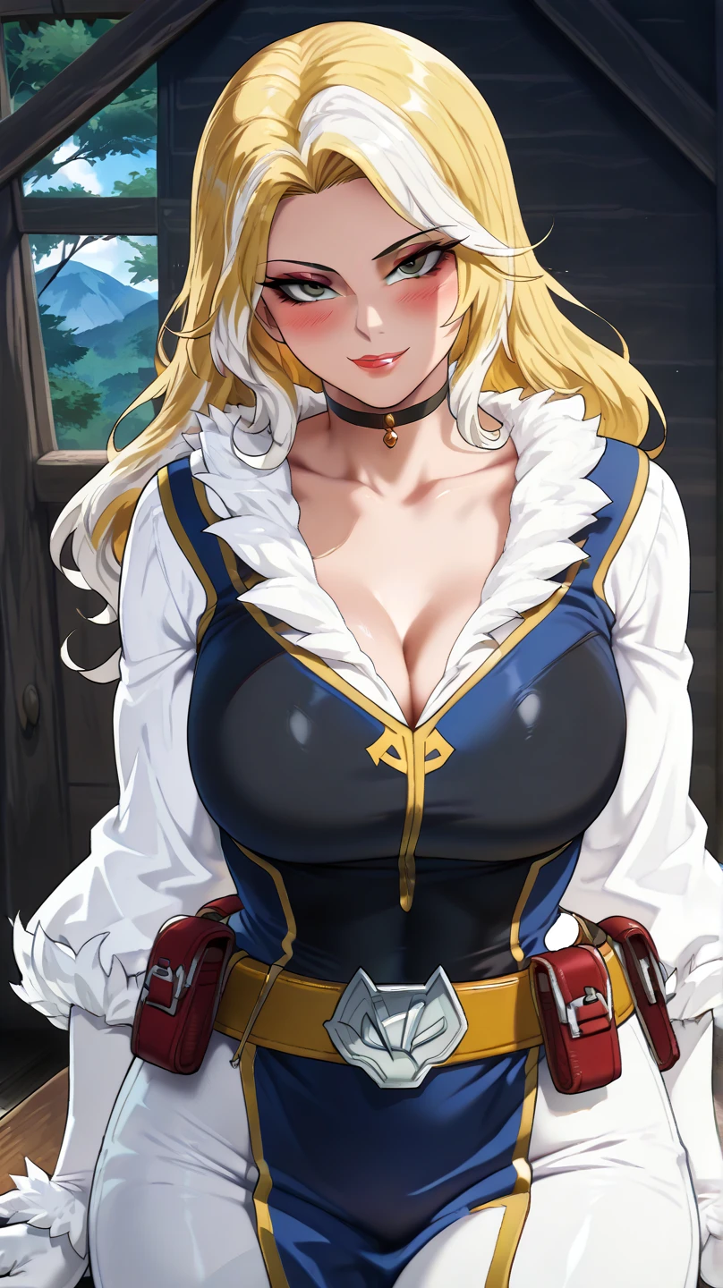 nearl \(arknights\), \(arknights\), 1girl, blond hair, blue eyes, fair skin, thick lips, masterpiece, best quality, highres, huge breasts, looking at viewer, smiling, cleavage, collarbone, black bra, armor, harness, white_military_jacket, jacket_on_shoulders, gauntlets, black pants, brown belt, muscular female, abs, posing, castle, sunny day, backlighting