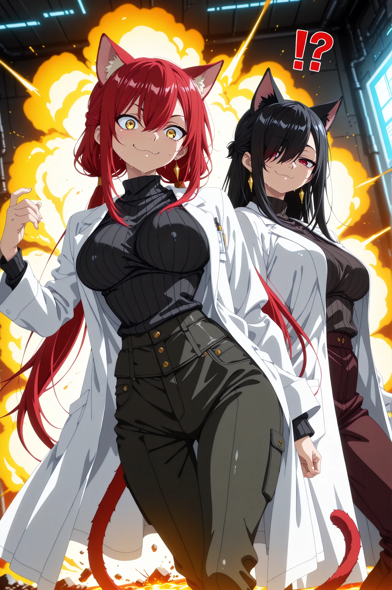 anime screencap, (masterpiece, best quality), amazing quality, very aesthetic, absurdres, highres, HDR, 8K, scenery, depth of field, extremely detailed face and eyes, cinematic, professional lighting, dynamic angle, dutch angle, foreshortening, duo focus, ((2girls, multiple girls, side by side, dynamic pose)), beautiful big eyes, animal ears, cat ears, tail, earrings, lab coat, black sweater, ribbed sweater, pants, sweat, !?, panicked expression, surprised, smug, proud, chemical explosion, laboratory,
BREAK
[1girl, Kuroki Monika, red eyes, hair over right eye, black hair, very long hair, low ponytail, medium , petite:10]
BREAK
[1girl, Ryu Shana, golden eyes, hair between eyes, red hair, very long hair, ponytail, long sidelocks, medium , petite:20],