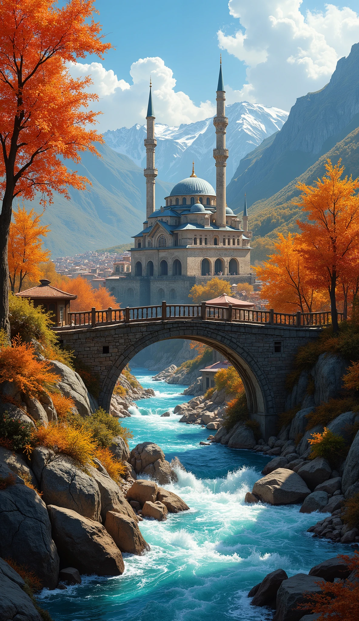    in high-definition images、autumn plain painting masterpiece 、 bright color 、 spectacular dramatic expression intense style 、 a small village with a mosque 、 old wooden bridge  、 A river in a valley with a furious flow、  crystal water top quality environment  、 Spectacular views 、 Panoramic Images