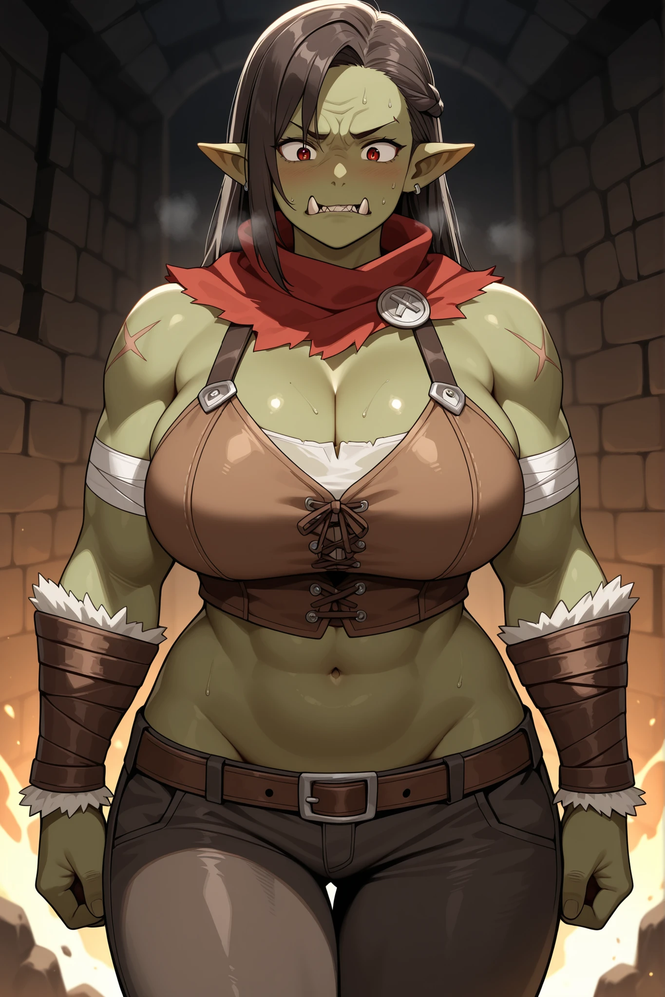 enchanting female half-orc warrior, a true testament to the fusion of human and orc ancestry. Her skin radiates an otherworldly green, vibrant like the emeralds. This captivating hue imbues her with an ethereal aura, accentuating her uniqueness.
Her physique is that of a battle-hardened warrior, with toned green muscles that speak of her dedication to combat. Her arms bear the marks of numerous victories, each scar a testament to her indomitable spirit. A finely crafted set of armor adorns her, a blend of rugged orc craftsmanship and elegant human design, serving as both protection and a statement of her strength.
Her red hair cascades down her back in fiery waves, echoing the ferocity of her nature. Strands of crimson dance in the wind as she charges into battle, an embodiment of both grace and power.
The hallmark of her appearance lies in her fierce and elongated fangs, gleaming with an almost luminescent quality against her verdant skin. These formidable fangs, unique to her orc lineage, are a testament to her ancestry and serve as a reminder of her unwavering determination, master piece, best quality, award winning art