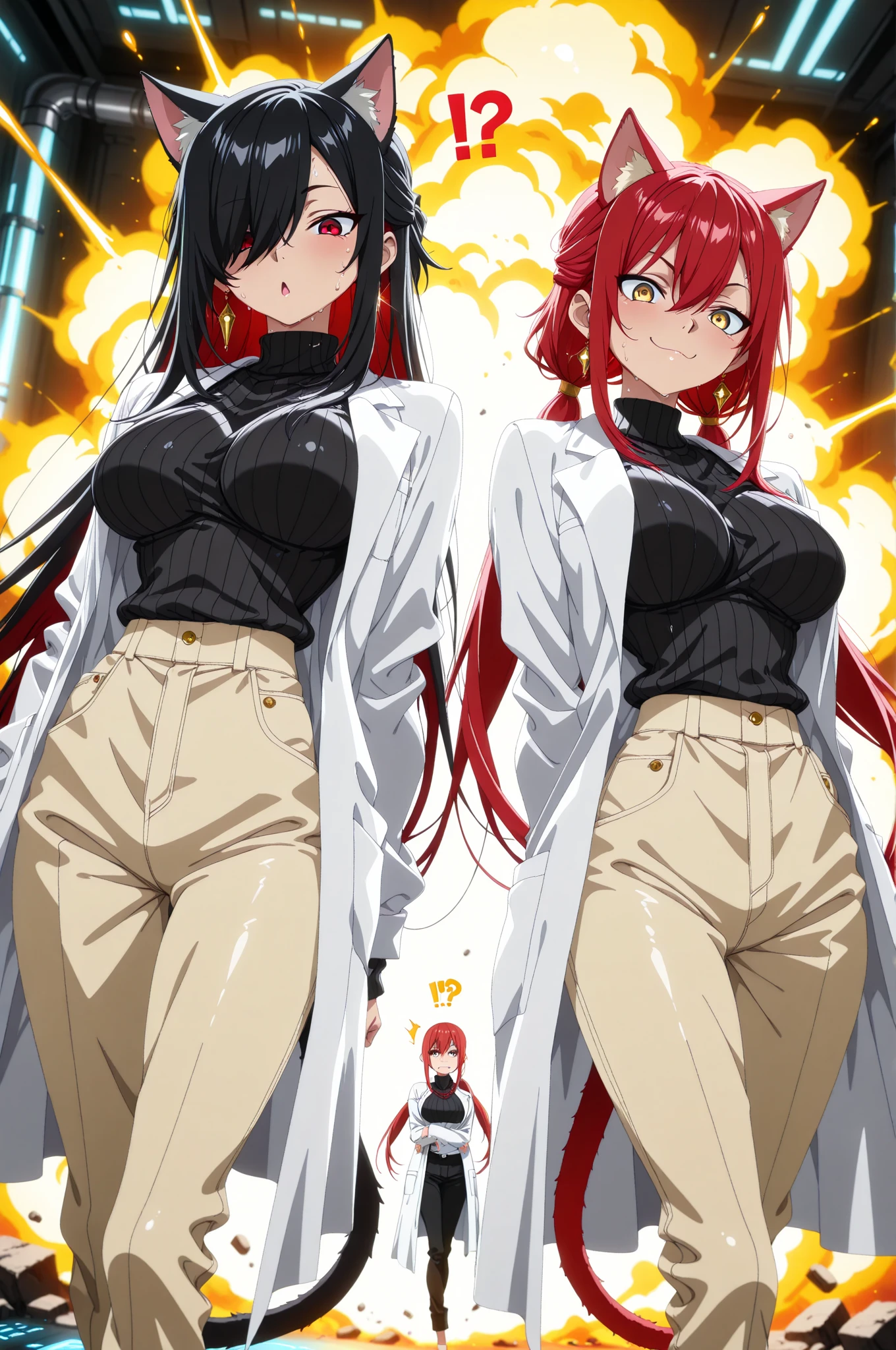 anime screencap, (masterpiece, best quality), amazing quality, very aesthetic, absurdres, highres, HDR, 8K, scenery, depth of field, extremely detailed face and eyes, cinematic, professional lighting, dynamic angle, dutch angle, foreshortening, duo focus, ((2girls, multiple girls, side by side, dynamic pose)), beautiful big eyes, animal ears, cat ears, tail, earrings, lab coat, black sweater, ribbed sweater, pants, sweat, !?, panicked expression, surprised, smug, proud, chemical explosion, laboratory,
BREAK
[1girl, Kuroki Monika, red eyes, hair over right eye, black hair, very long hair, low ponytail, medium , petite:10]
BREAK
[1girl, Ryu Shana, golden eyes, hair between eyes, red hair, very long hair, ponytail, long sidelocks, medium , petite:20],