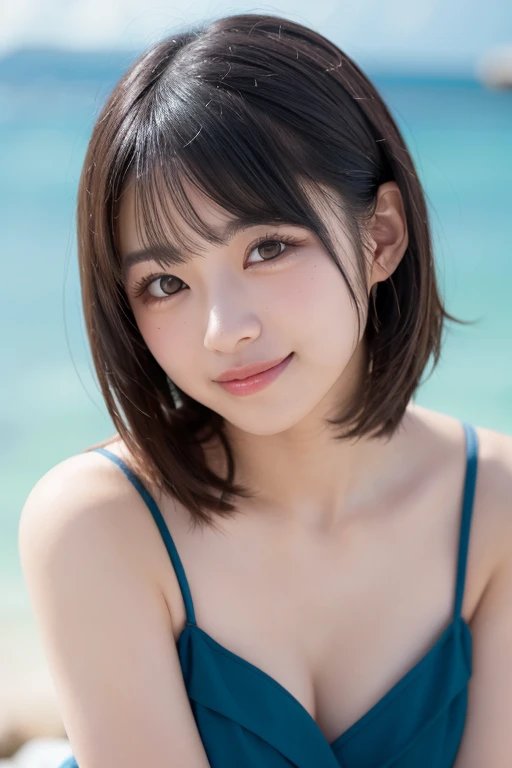 (highest quality,masterpiece:1.3,ultra high resolution),(Super detailed,caustics,8K),(realistic:1.4,RAW shooting),18-year-old,cute,Japanese,Short brown hair with outward curls,(Blue Gingham-print-bikini:1.4),(smile),look up、((Diamond Head in the background:1.2))(Hawaii 、Hanauma Bay、I went to Waikiki Beach to swim:1.4),blue sky,sun,Backlight,(coastline),(sunset、sunset:1.5),,(Upper body shot),(face focus),(Upper body close-up),(High Situation:1.3),(high angle:1.3),Natural light 、Embarrassed smile、parted bangs、big breasts、With small earrings、、((G cup、big breasts))、Embarrassed smile、((Camera angle is diagonal:1.2))、Lens flare、(Lens flare:1.3)Sparkling sea、(big laugh:1.0)、