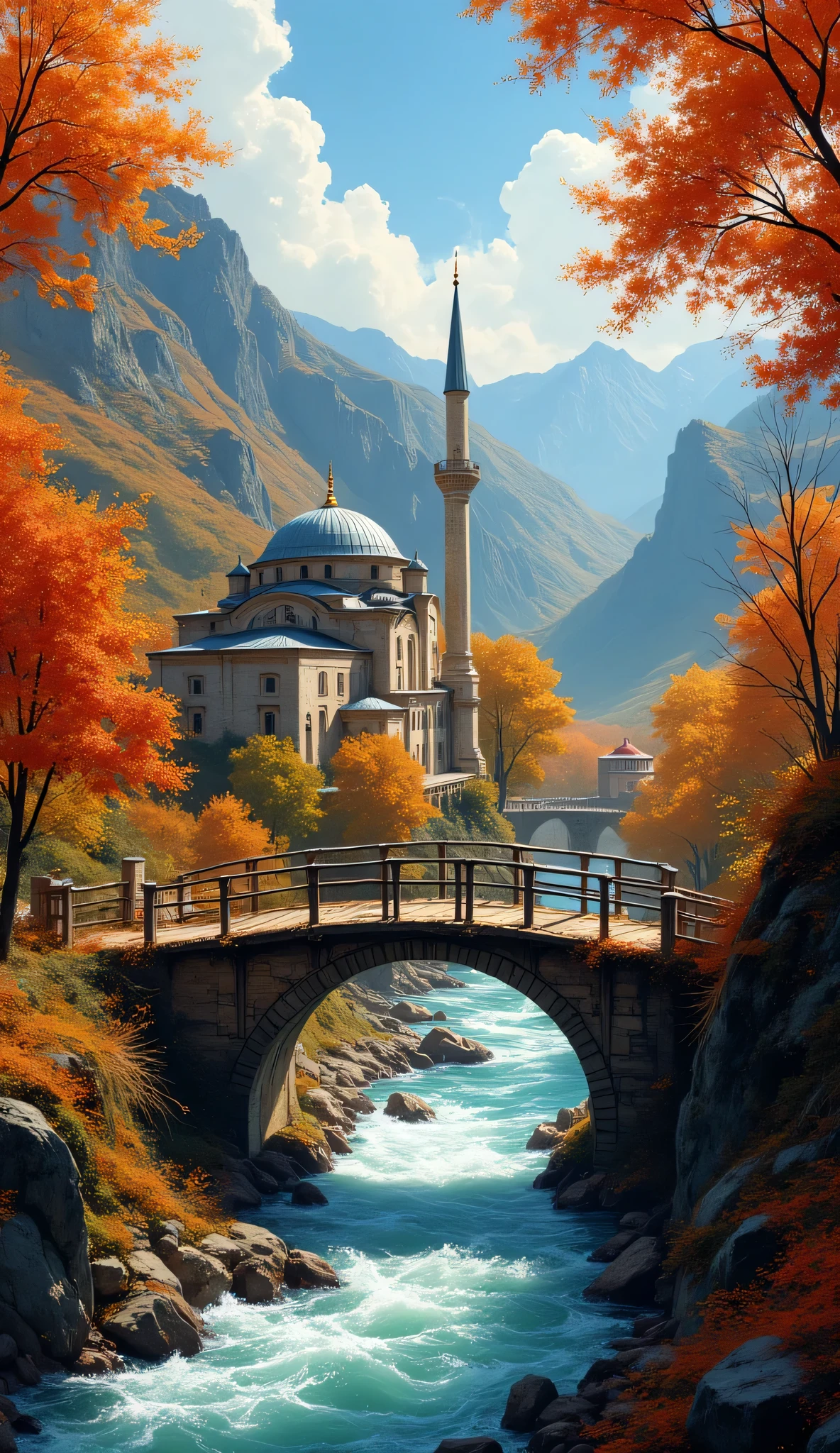 in high-definition images、autumn plain painting masterpiece 、 bright color 、 spectacular dramatic expression intense style 、 a small village with a mosque 、 old wooden bridge 、 A river in a valley with a furious flow、 crystal water top quality environment 、 Spectacular views 、 Panoramic Images