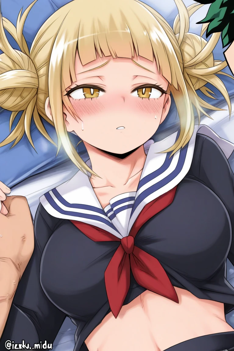(masutepiece, Best Quality, hight resolution, nffsw, Perfect Pixel, depth of fields, 4K), Beautiful anime girl, Perfect body , ,(cum on body:1.6) , (bukkake:1.6), , himikotoganova,  blonde hair, double bun, messy hair, bangs, (perfect eyes, yellow eyes), serafuku, bags under eyes,, blue skirt, long sleeves, red neckerchief, breasts, , nsfw, {{{{{knees to chest}}}}} ,,{{{{{from directly above}}}}},{{asymmetrical docking}},{{boy's lower body}},{{{{girl's face and nipples and navel}}}},{{navel forcus}},{{{{pov}}}},{{{very close to viewers}}},,{excessive cum, intercourse with a man,full body,,,from front,{cum bussy}, hetero, cum, socks,[dakimakura(medium)],{{girl's liying on back}},faceless male,looking at viewer,{{facing viewer}},hetero,on bed,1girl and 1boy,nsfw,{{single picture}}, girl's hands down, girl's arms behind back, hands out of frame,,,,, (1 boy:1.8),,(hardcore,sex:1.8), (creepy smile:1.6), (blush:1.6)