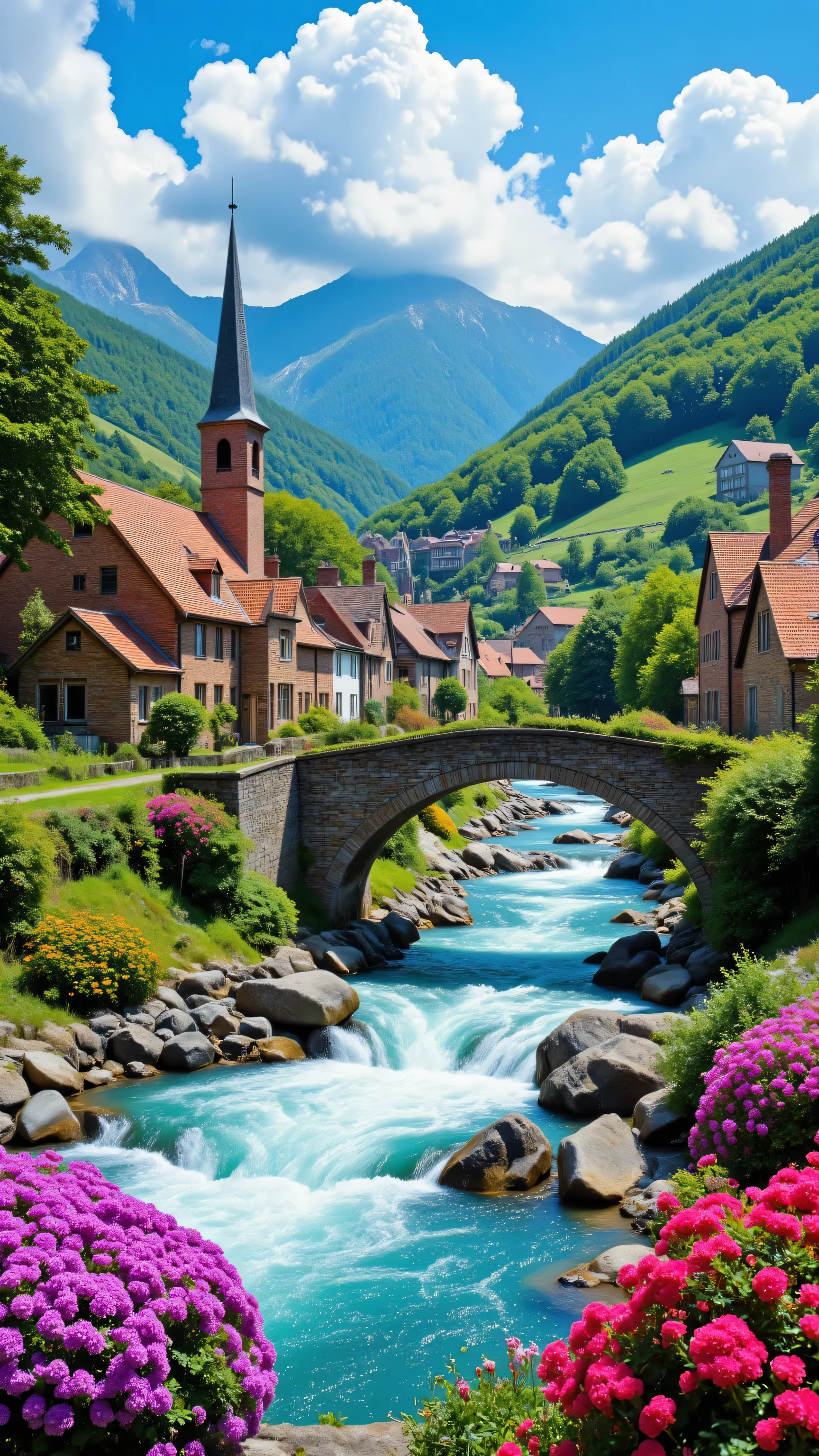 in high-definition images、Summer masterpiece painting、Vivid Flowers々The color of、spectacular dramatic expression intense style、brick house々small village with、old brick bridge、valley river with ferocious current、crystal waterbest quality environment、Shandana Scenery、Panoramic Images