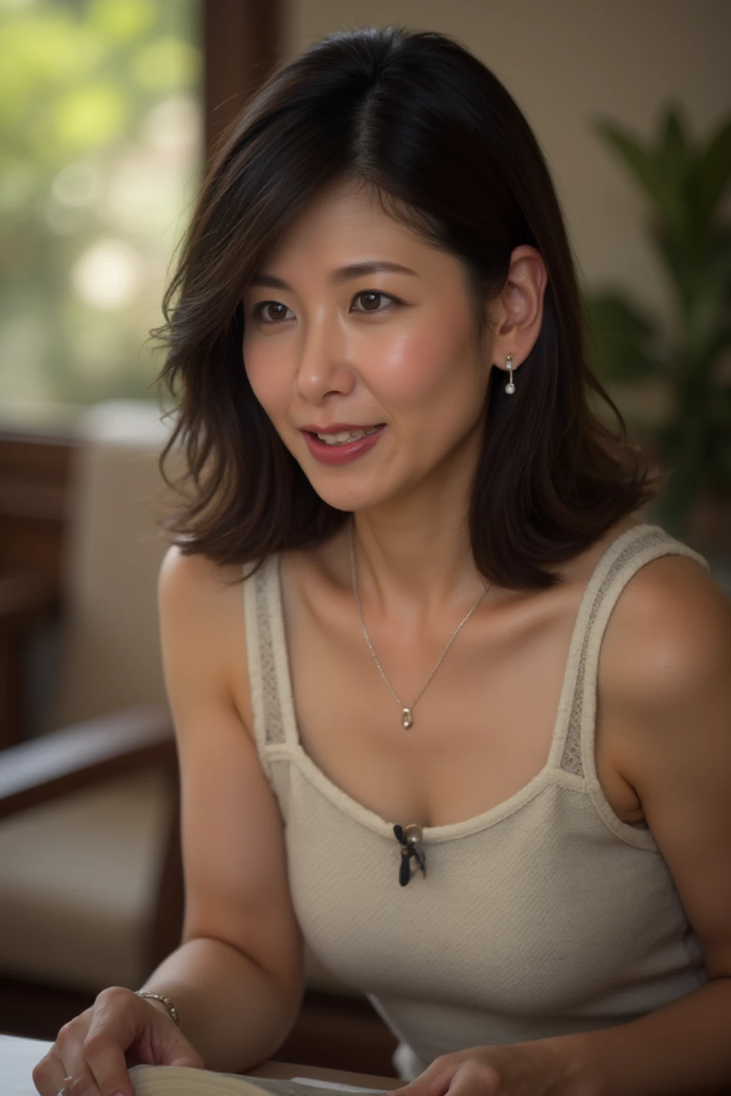 (dense woods: 1), the golden hour, Light brown eyes, Skinny Japanese woman, 52 years old, 1 woman, cute face, Light clothing, (Photorealistic), (Complex Detail: 1.2), (masterpiece, :1.3), (high quality: 1.4), (Ultra High Resolution: 1.2), (detailed eyes), (detailed facial features), Strong sunlight, 8K, (Lens Flare: 0.7), turned around, Feminine pose, Upper body, Tight waistline