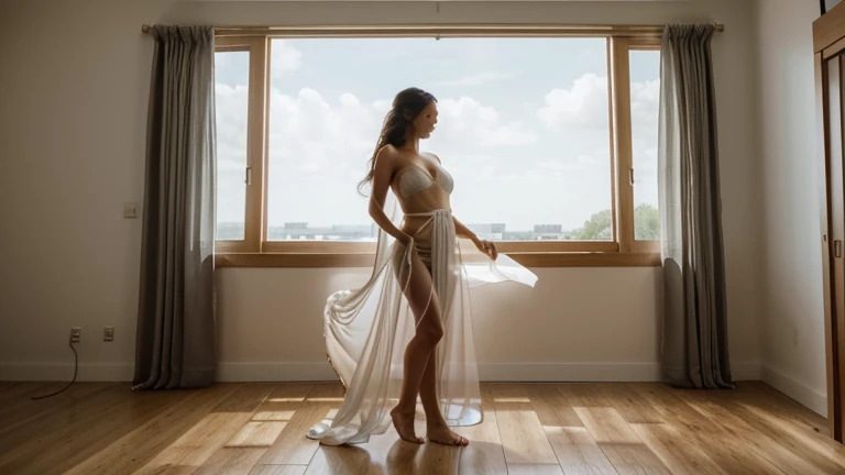 Photo of an old mature woman in her bra big breasts, in French style bedroom next to large window, warm atmosphere showing ass, lace panties, sexy, seductive look, bending over, flirtatious look, touching her own ass,