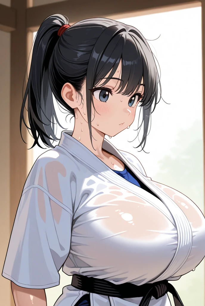 high quality,High resolution,16K,Sharp lines,1 Girl,Female karate player ,Cute face, Big Breasts, Beautiful legs,At the karate venue,Focus Girl,Beautiful face in every detail,Detailed clothing,Beautiful Eyes,nice,Dynamic Angle,ponytail,Black Hair