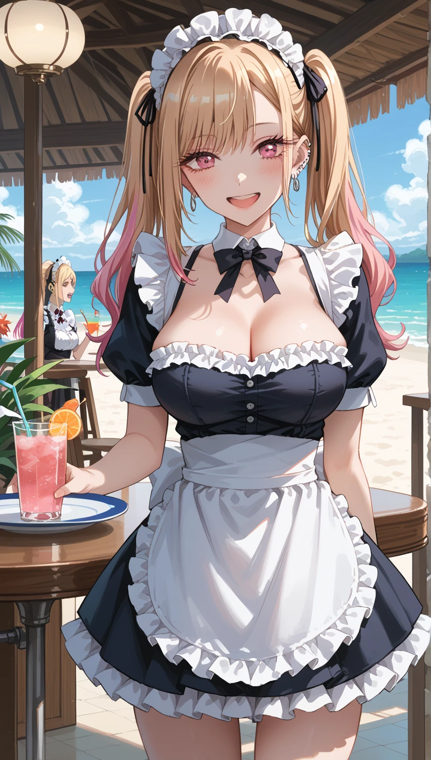 1 girl, game CG, sleeveless frilled black string bikini, cleavage visible, navel visible, maid's hair accessory, maid's small apron, gigantic breasts, pink hair, long hair, low twintails, princess hairstyle, ahoge, pink eyes, sea, sandy beach, tree, cafe, tray, surprise,