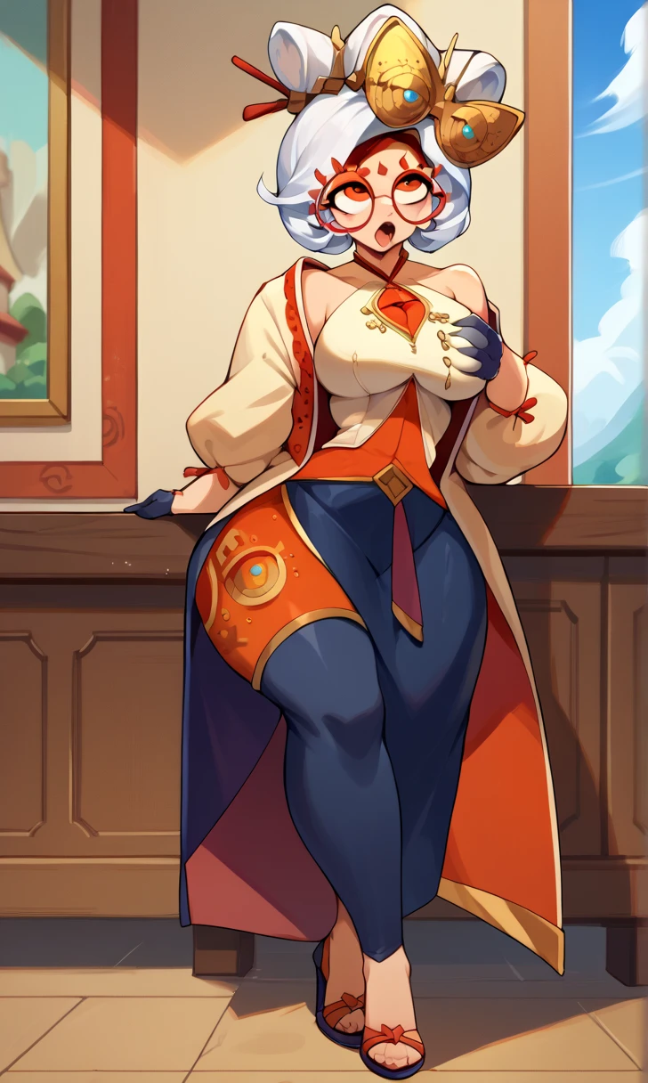 score_9, score_8_up, score_7_up, score_6_up BREAK 3d,smug,closed mouth,middle finger,mature female,purah,hair ornament, red headband, red glasses, sleeveless shirt, white coat, black skirt, red leggings, gloves 