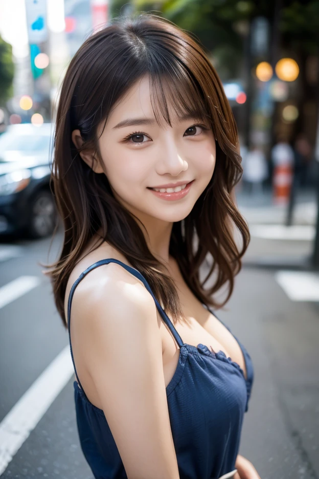masutepiece, Best Quality, Illustration, Ultra-detailed, finely detail, hight resolution, 8K Wallpaper, Perfect dynamic composition, Beautiful detailed eyes, Women's Fashion Summer,Medium Hair,Small breasts natural color lip, Bold sexy poses,Smile,Harajuku、20 years girl、Cute、Sexy shot looking at camera