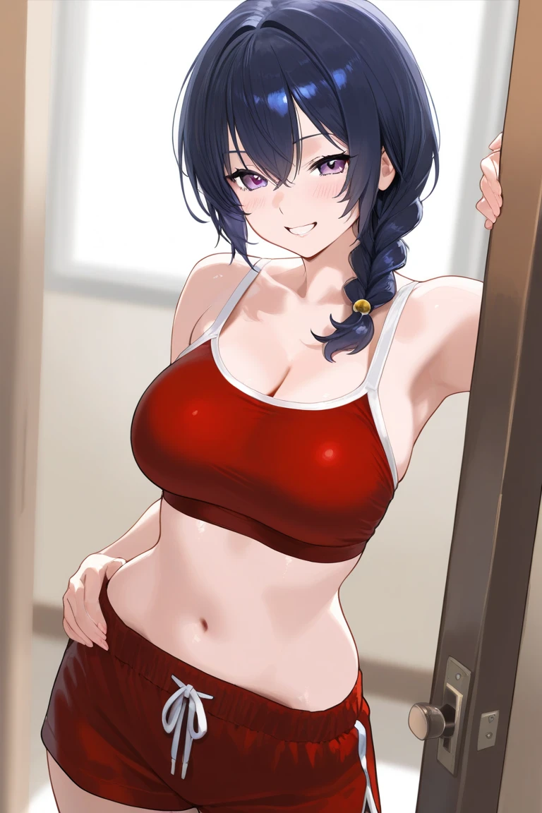 (hinata\(boruto\), (high quality:1.8), upper body:1.5, (ultra detailed body:1.4), (background: wrestling ring:1.0), (anime, tall woman, cowboy shot, ((arm curves:1.0), (defined biceps arms:1.0), ((red shirt, red thong)), (wide shoulders, off-shoulders), smile), (big breasts:1.0) ,(cleavage:0.8), closed mouth), ((pale skin)). ((dark blue:1.3, short hair, hime cut، loose hair, floating hair, floating hair:1.0),
