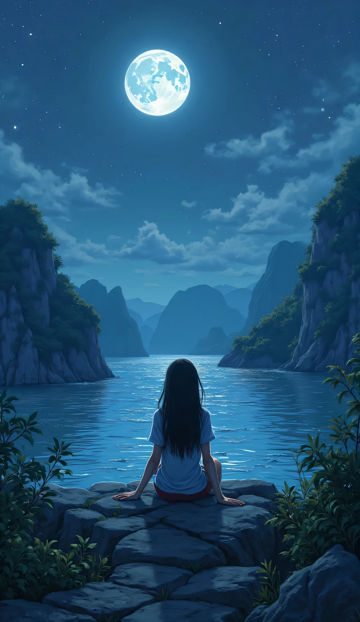I'm imagining、 Vietnamの Night view、Halong Bay、 Night viewとともに、 Vietnam、Moon明かりで視界が良く良い景色、Moon、Sea-front Cove、quiet night、digital illustration、4K High Definition Digital Art、 Night view、 Anime Art 4k Wallpaper 、 Anime Art 4k Wallpaper 、4K detailed digital art、 natural scenery at night 、 Anime Art Wallpaper 8K 、 background artwork、 Amazing 4K Art、4k HD illustration wallpaper Woman Sitting and Crying with Anxiety
