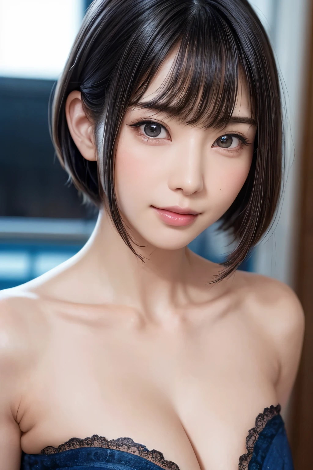 (top-quality、Top image quality、masutepiece:1.4、Add intense highlights to the eyes)、Beautiful Women in Perfect Figure:1.4、dark brown hair、Colossal tits、Pendants、ripped shorts、Sleeping in the bedroom、extremely detailed face and skin、A detailed eye、二重まぶた、masterpiece、(Photorealsitic:1.4)、1Man Woman、Golden ratio、high-angle shot、Kamimei、low angle shot、Symmetrical beautiful perfect face、Beautiful figure、kawaii faces、Close-up of the face、Zoom in on face、crossed bangs:1.4、asymmetrical bangs、a short bob、short-hair、Smiling from different angles、A smile、The sheen、Highlight、lipgloss、Gloss on the skin、Lustrous for skin、Wet skin、bangss、Smile cutely、Very refreshing attraction、Elegant charm、perfect hand、Smile from an angle、A smile、The sheen、Highlight、Lustrous skin、bangss、{Gigantic|Big|Huge|Mega} breasts, cleavage、Bust、Colossal tits、Off-shoulder with warm tones、Refreshing charm、Put your ears out、Gaze to the camera、Poses from different angles