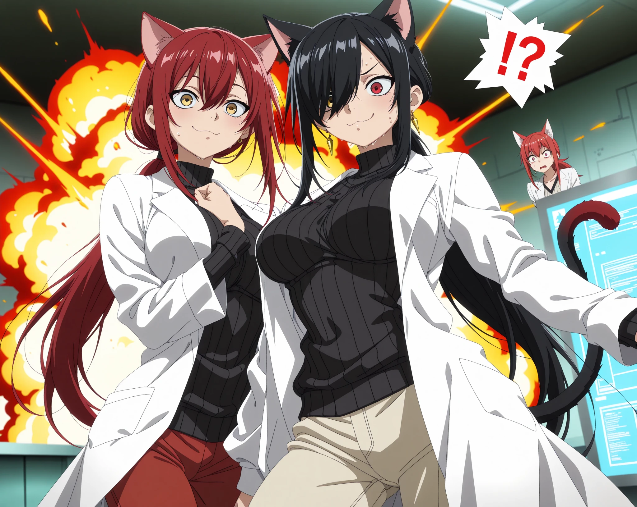 anime screencap, (masterpiece, best quality), amazing quality, very aesthetic, absurdres, highres, HDR, 8K, scenery, depth of field, extremely detailed face and eyes, cinematic, professional lighting, dynamic angle, dutch angle, foreshortening, duo focus, ((2girls, multiple girls, side by side, dynamic pose)), beautiful big eyes, animal ears, cat ears, tail, earrings, lab coat, black sweater, ribbed sweater, pants, sweat, !?, panicked expression, surprised, smug, proud, chemical explosion, laboratory,
BREAK
[1girl, Kuroki Monika, red eyes, hair over right eye, black hair, very long hair, low ponytail, medium , petite:10]
BREAK
[1girl, Ryu Shana, golden eyes, hair between eyes, red hair, very long hair, ponytail, long sidelocks, medium , petite:20],