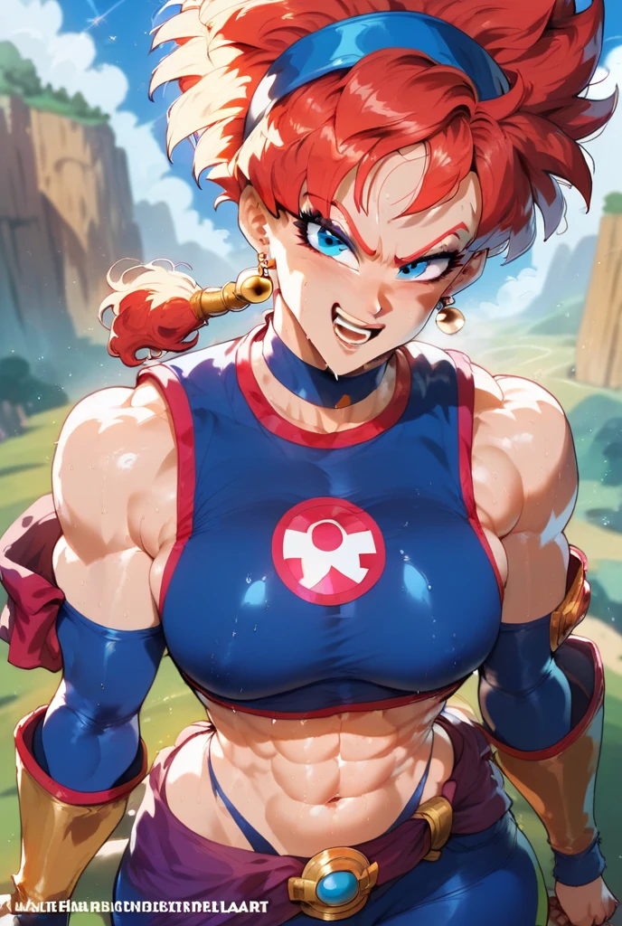アニメ cel-shading Kefla, blue eyes, bikini, on the beach in ((anime + manga + comics + cartoon) style) 