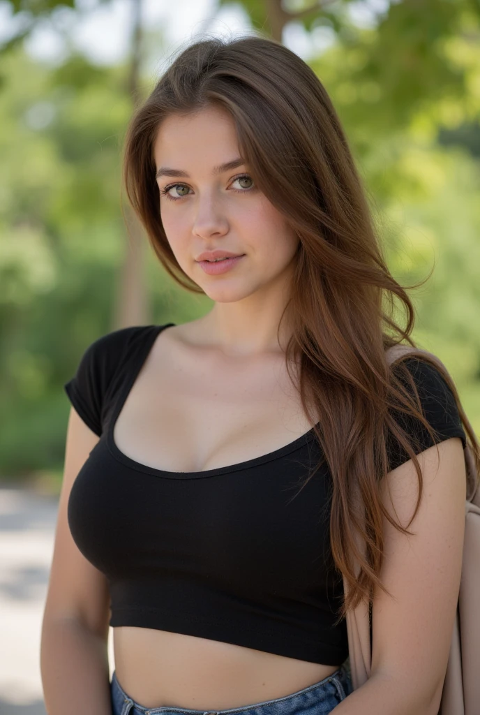 1girl 16 year old, solo, long hair, big breasts, looking at viewer, blonde hair, jewelry, full body, necklace, lips, realistic, nose, flirting with camera, sexy, realistic, high detail, 4k photo, high detail,, sexy perfect anatomy, perfect symmetry, soft lights, walking in a park, high details, photo quality, super real, black dress, summer dress,