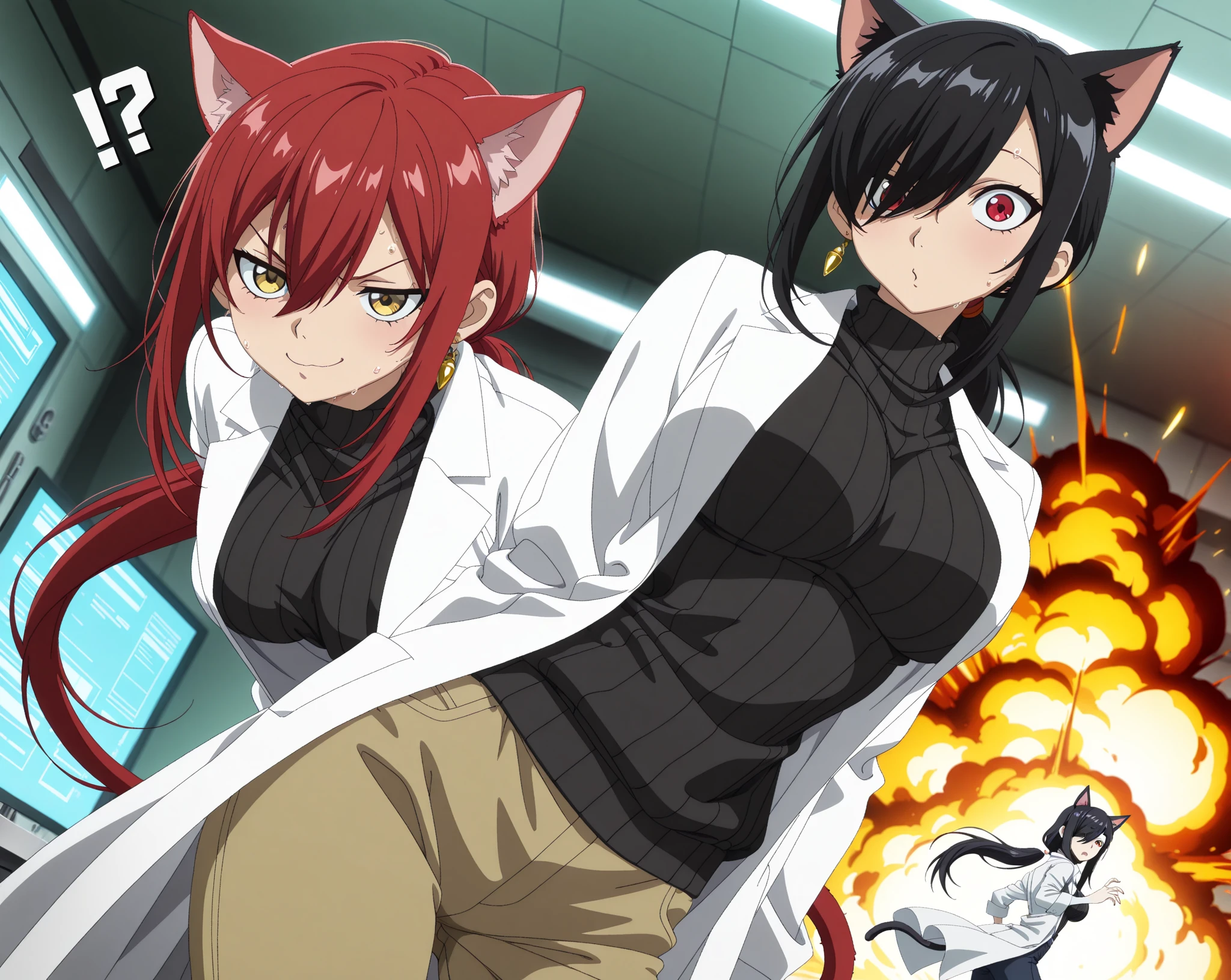 anime screencap, (masterpiece, best quality), amazing quality, very aesthetic, absurdres, highres, HDR, 8K, scenery, depth of field, extremely detailed face and eyes, cinematic, professional lighting, dynamic angle, dutch angle, foreshortening, duo focus, ((2girls, multiple girls, side by side, dynamic pose)), beautiful big eyes, animal ears, cat ears, tail, earrings, lab coat, black sweater, ribbed sweater, pants, sweat, !?, panicked expression, surprised, smug, proud, chemical explosion, laboratory,
BREAK
[1girl, Kuroki Monika, red eyes, hair over right eye, black hair, very long hair, low ponytail, medium , petite:10]
BREAK
[1girl, Ryu Shana, golden eyes, hair between eyes, red hair, very long hair, ponytail, long sidelocks, medium , petite:20],