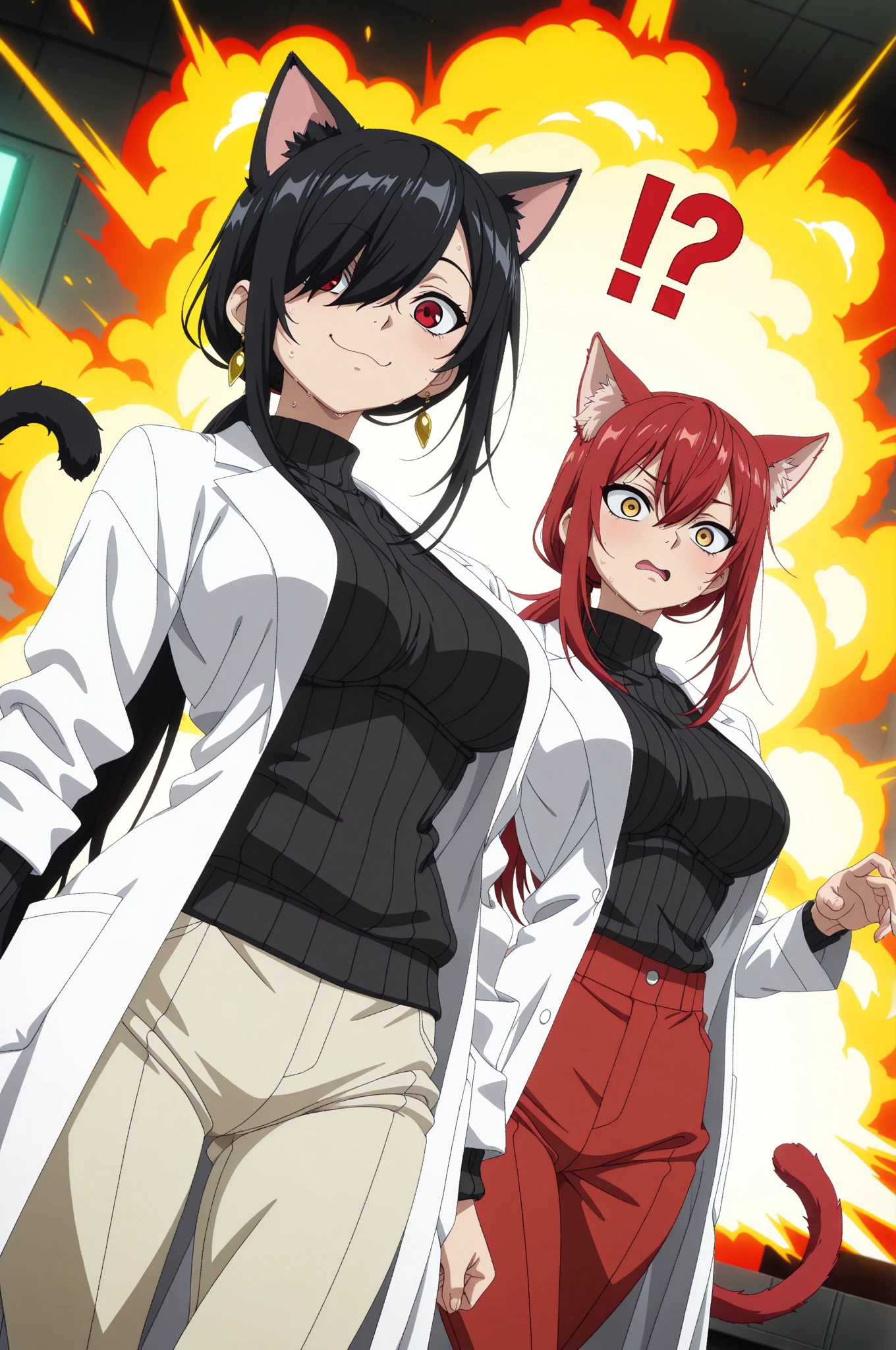 anime screencap, (masterpiece, best quality), amazing quality, very aesthetic, absurdres, highres, HDR, 8K, scenery, depth of field, extremely detailed face and eyes, cinematic, professional lighting, dynamic angle, dutch angle, foreshortening, duo focus, ((2girls, multiple girls, side by side, dynamic pose)), beautiful big eyes, animal ears, cat ears, tail, earrings, lab coat, black sweater, ribbed sweater, pants, sweat, !?, panicked expression, surprised, smug, proud, chemical explosion, laboratory,
BREAK
[1girl, Kuroki Monika, red eyes, hair over right eye, black hair, very long hair, low ponytail, medium , petite:10]
BREAK
[1girl, Ryu Shana, golden eyes, hair between eyes, red hair, very long hair, ponytail, long sidelocks, medium , petite:20],