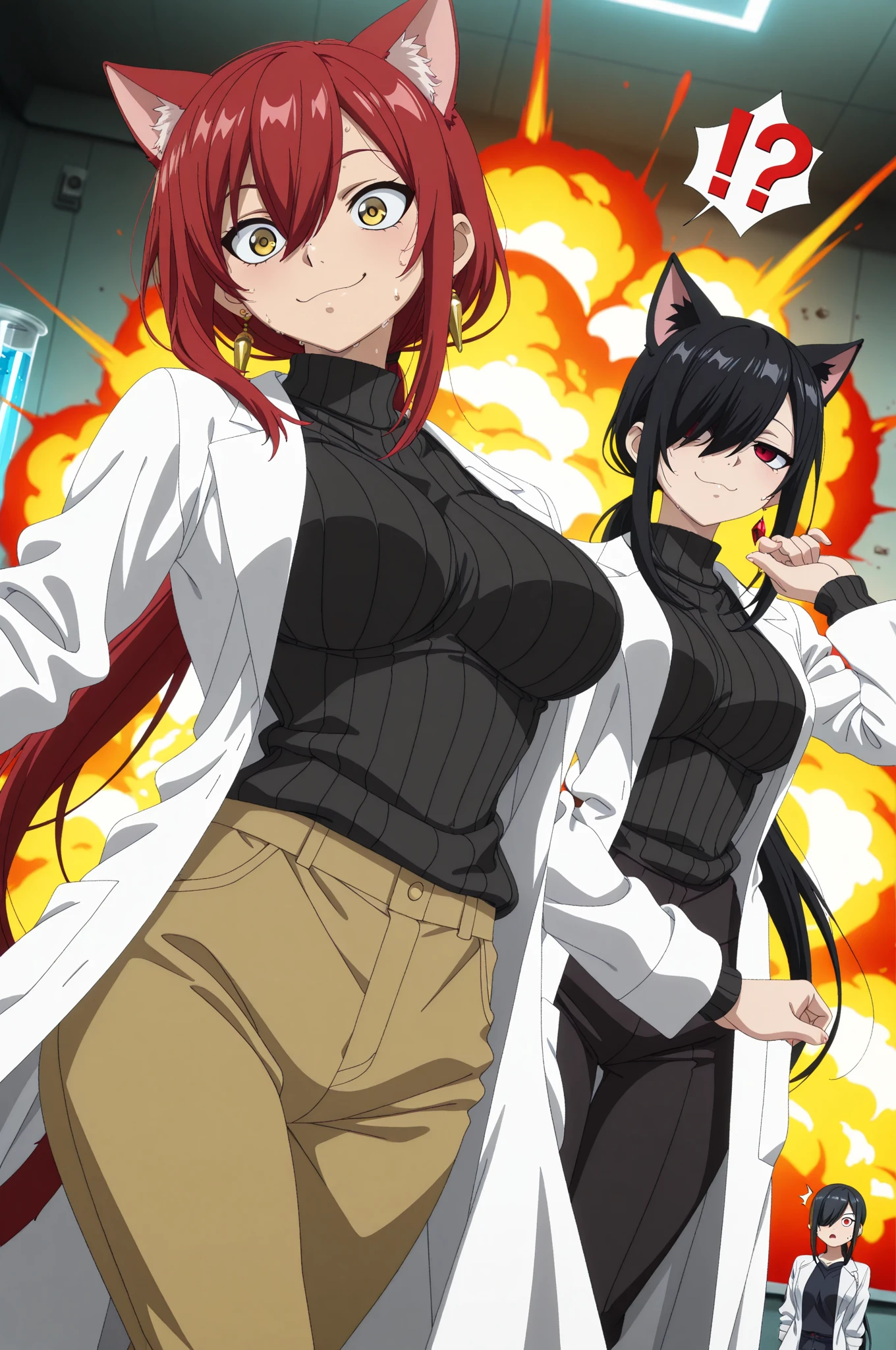 anime screencap, (masterpiece, best quality), amazing quality, very aesthetic, absurdres, highres, HDR, 8K, scenery, depth of field, extremely detailed face and eyes, cinematic, professional lighting, dynamic angle, dutch angle, foreshortening, duo focus, ((2girls, multiple girls, side by side, dynamic pose)), beautiful big eyes, animal ears, cat ears, tail, earrings, lab coat, black sweater, ribbed sweater, pants, sweat, !?, panicked expression, surprised, smug, proud, chemical explosion, laboratory,
BREAK
[1girl, Kuroki Monika, red eyes, hair over right eye, black hair, very long hair, low ponytail, medium , petite:10]
BREAK
[1girl, Ryu Shana, golden eyes, hair between eyes, red hair, very long hair, ponytail, long sidelocks, medium , petite:20],