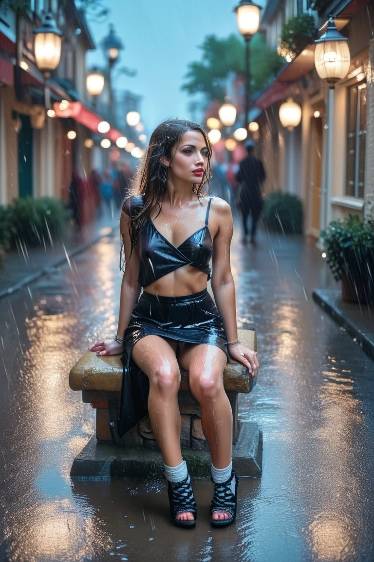 1girl,solo,long hair,Rough skin,from back,face focus,(looking at viewer:1.2),Big tits,wet hair,dark,polaroid,(depth_of_field:1.5),rainy days,outdoors,street, black hair between eyes, moody lighting,Tyndall effect,Cinematic Lighting,night,lamppost,lens flare,available light,rim light,glowing neon lights, fit body, Red silk dress, Italian girl, Roman Coloseum