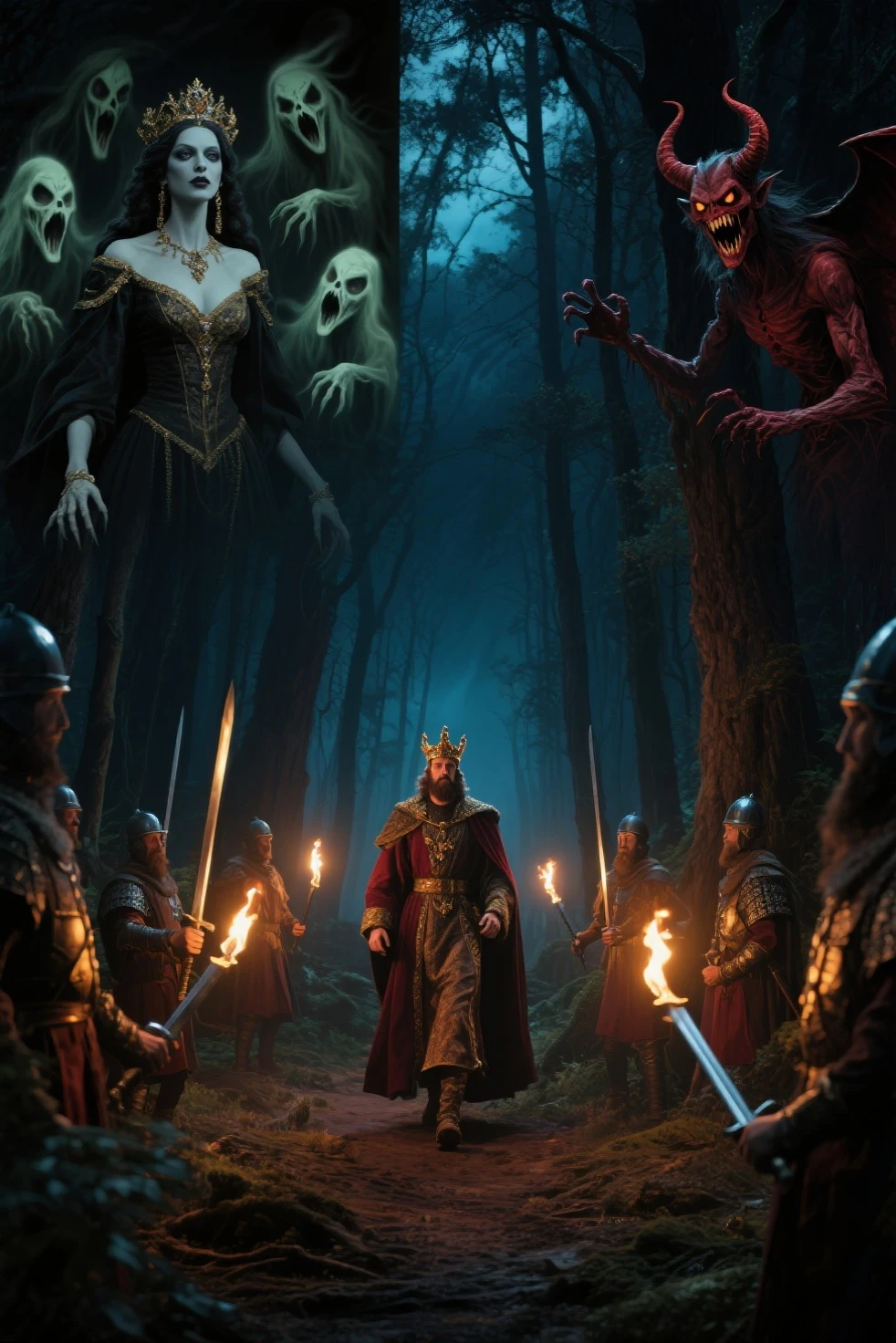 An evil monster with a pumpkin head, on top of a throne he rules everything and everyone, this monster is surrounded by fog on top of an evil castle, he has servants serving him, and these servants are little pumpkin monsters, this monster has an orange staff,
and has a beautiful redheaded woman on his lap