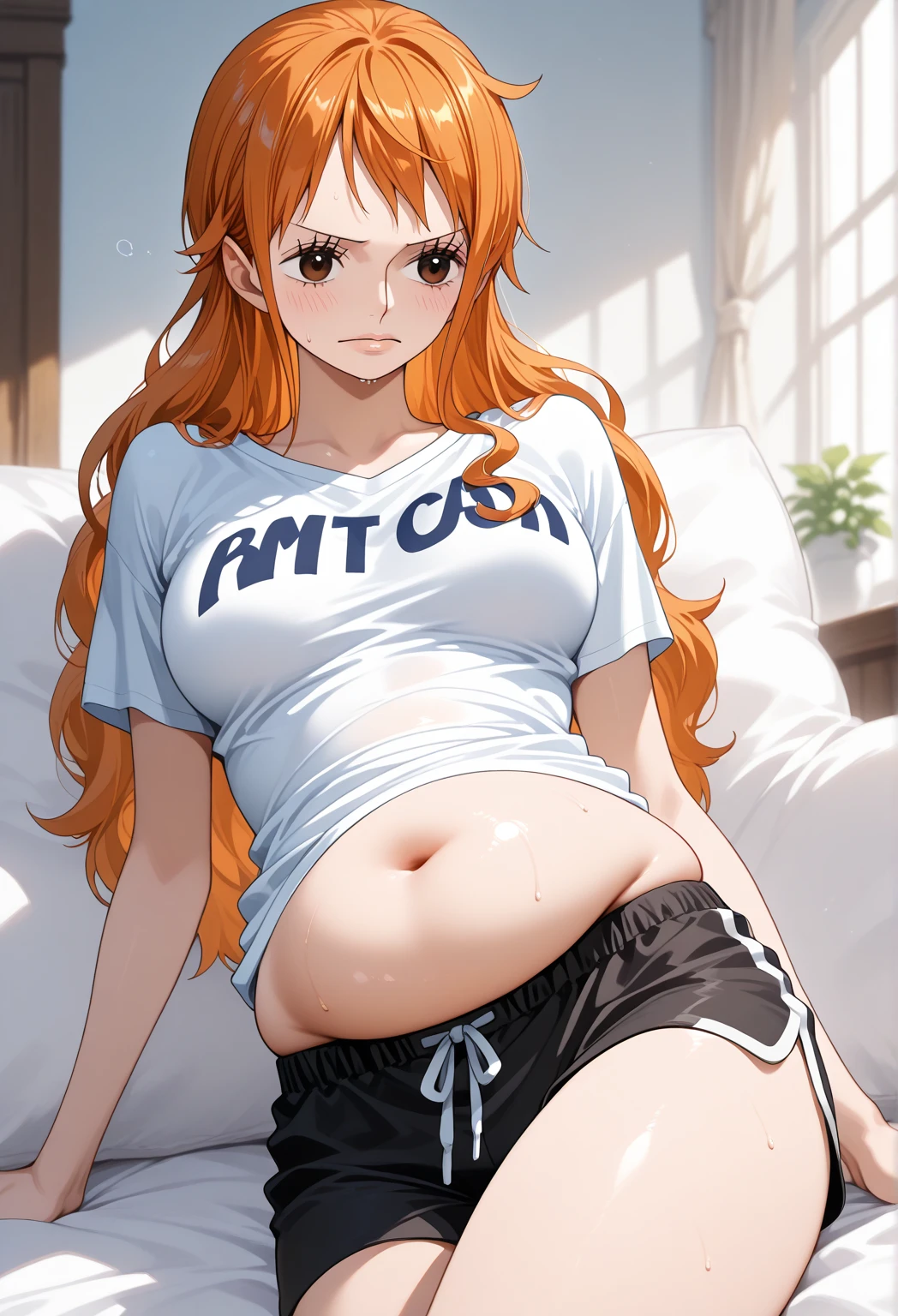 art by kipteitei, 1girl, Orihime, sweating, sitting down, cheerleading uniform, revealing massive belly, chubby (best quality, masterpiece)