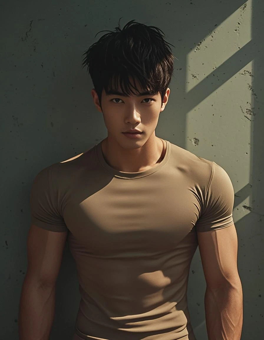 arafed man in a skirt and sweater leaning against a wall, siwoo kim, wonbin lee, sun-hyuk kim, south korean male, jinyoung shin, jin kim, hyung tae kim, hyung-tae kim, [ adamantly defined abs ]!!, hyung - tae kim, [ rigidly defined abs ]!!, taejune kim, with abs