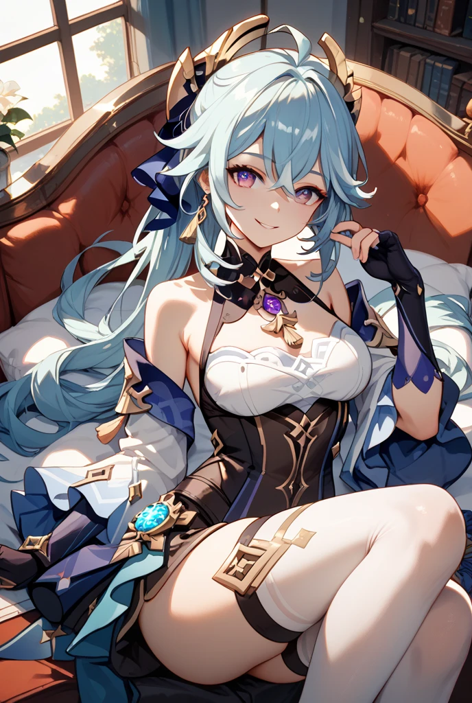 An elf woman with gold yellow eyes. She has long, curly hair that is a blue black color with some thin white pieces. She has sleepy puppy eyes and voluminous lips.