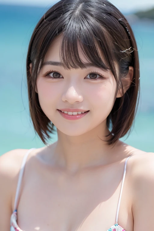 (Highest quality、Tabletop、8k、Best image quality)、1 female、(beautiful, Glowing Skin:1.1)、(Very short hair:1.1)、Brown Hair、最もbeautiful笑顔が私を見ている、The best smile、大きく笑ってbeautiful歯を見せている、(light pink bikini:1.1)、beautiful sea、Shining bright sea、澄んだbeautiful sea、Very clear sea、beautiful Hiroshi々Sandy Beach、beautiful surf edge、beautiful sunny sky、beautiful cumulonimbus clouds、(very bright and vivid:1.3)、(beautiful, Glowing Skin:1.1)、(Ultra-high resolution, 明るくbeautiful肌:1.3)、Ultra-high resolution beautiful teeth、Ultra HD Hair、Ultra-high resolution sparkling eyes、Natural Makeup、Accentuate your body lines、(Very 明るくbeautiful肌:1.1)、(Big Breasts:1.2)、Slender body、(Perfect Anatomy:1.1)、Sculptural installation、Blurred Background、Swimsuits are random、Swimsuit color is random