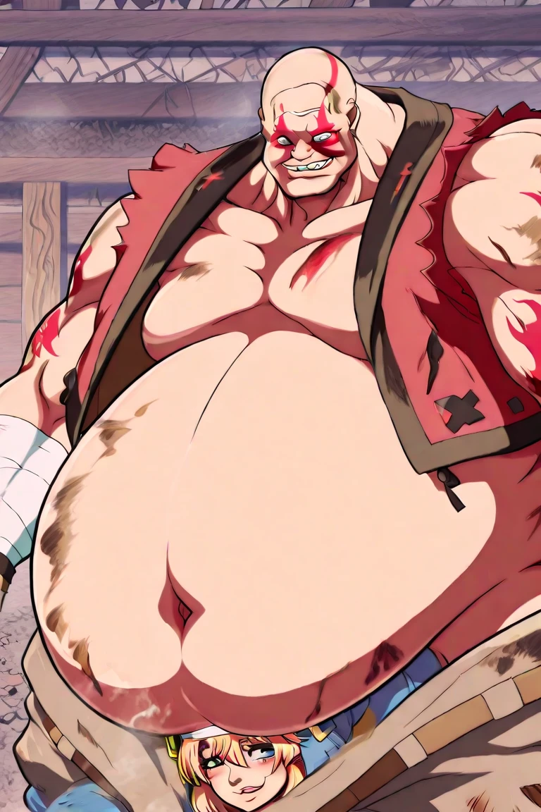 (((best quality, high resolution, masterpiece, best quality))), absurdres, solo, male focus, 1boy, sol badguy, (((full body))), muscular male, grin, looking at viewer, hand on hip, brown hair, ponytail, headband, red jacket, fingerless gloves, belt, (((Extra large up bulges penis dripping alot white semen))), (((nude))), pregnant.