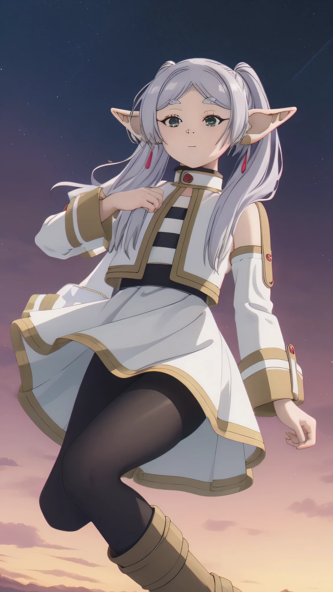 {{{masterpiece}}}, (top quality:1.5), (ultra fine:1.5),、front view、Full body photo、 {Illustration}, {{very delicate and beautiful}}, ( Beautiful and accurate eye :1.6), bow dress, high definition, very cute face, 16 kg, high definition, anime visual, anime face extremadamente bonito, girl in anime vest , (perfect hand, completed), Chizuru Mizuhara(she、rent it), cute face, long hair , brown hair, (brown eye:1.5), braids, hair braids, medium breasts, big waist, press your face and body strongly against the curve , , skirt for ears, shirt, sialtos , Bare Shoulders, Removable Sleeves, (White Sleeve:1.2), white sialtos , (blue skirt for ears:1.2), mini skirt for ears, blue shirt, green bow, (Long blue boots :1.3), , cosplay, Smile, eye, blush, EXTERIOR, orbital space , ((angle from below:15))、(skirt fluttering、(transparent black pantyhose:1.5)、(different poses for each shoot:1.5)、(Open Leg:1.5)、(facing front:1.5)、Strong winds、(skirt flips up:1.5)、White lace tiered frill panties、angle from below