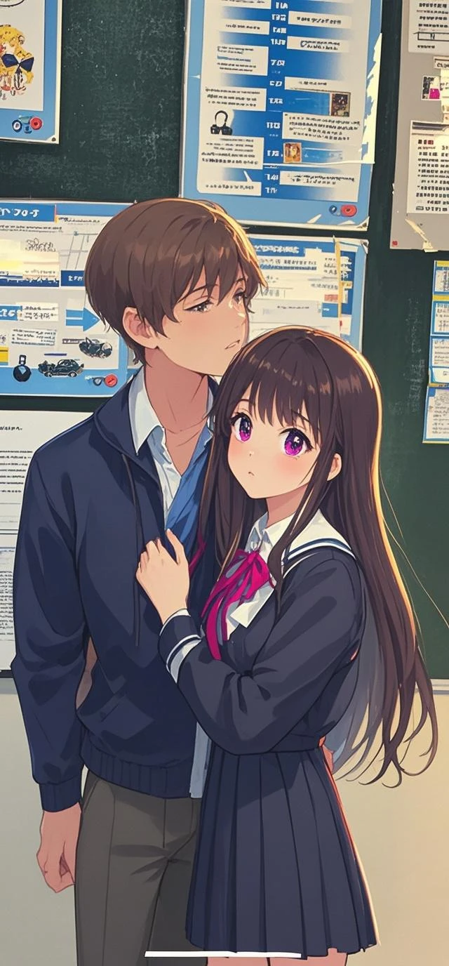 Anime girl, student uniform, very large chest. Is hugging a guy's face buried into her chest.